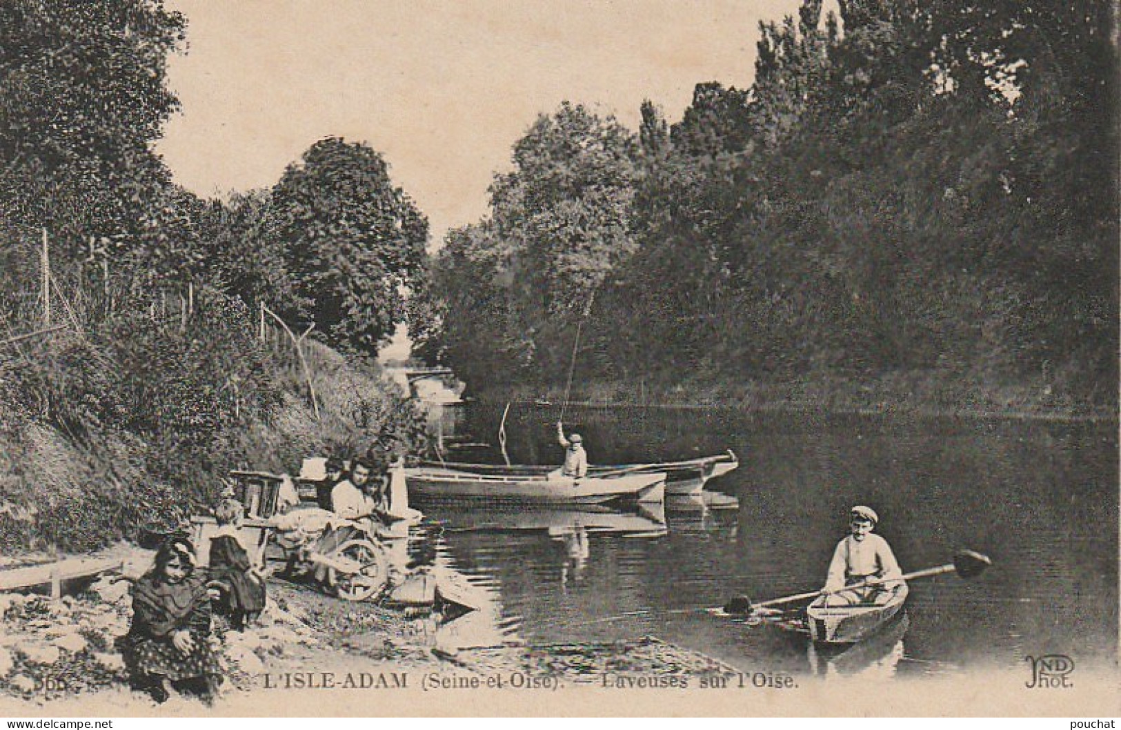 MO 11-(95) L' ISLE ADAM - LAVEUSES SUR L' OISE - PECHEUR , CANOTEUR - CARTE PUBLICITAIRE :JAVEL  COTELLE CROIX - 2 SCANS - L'Isle Adam