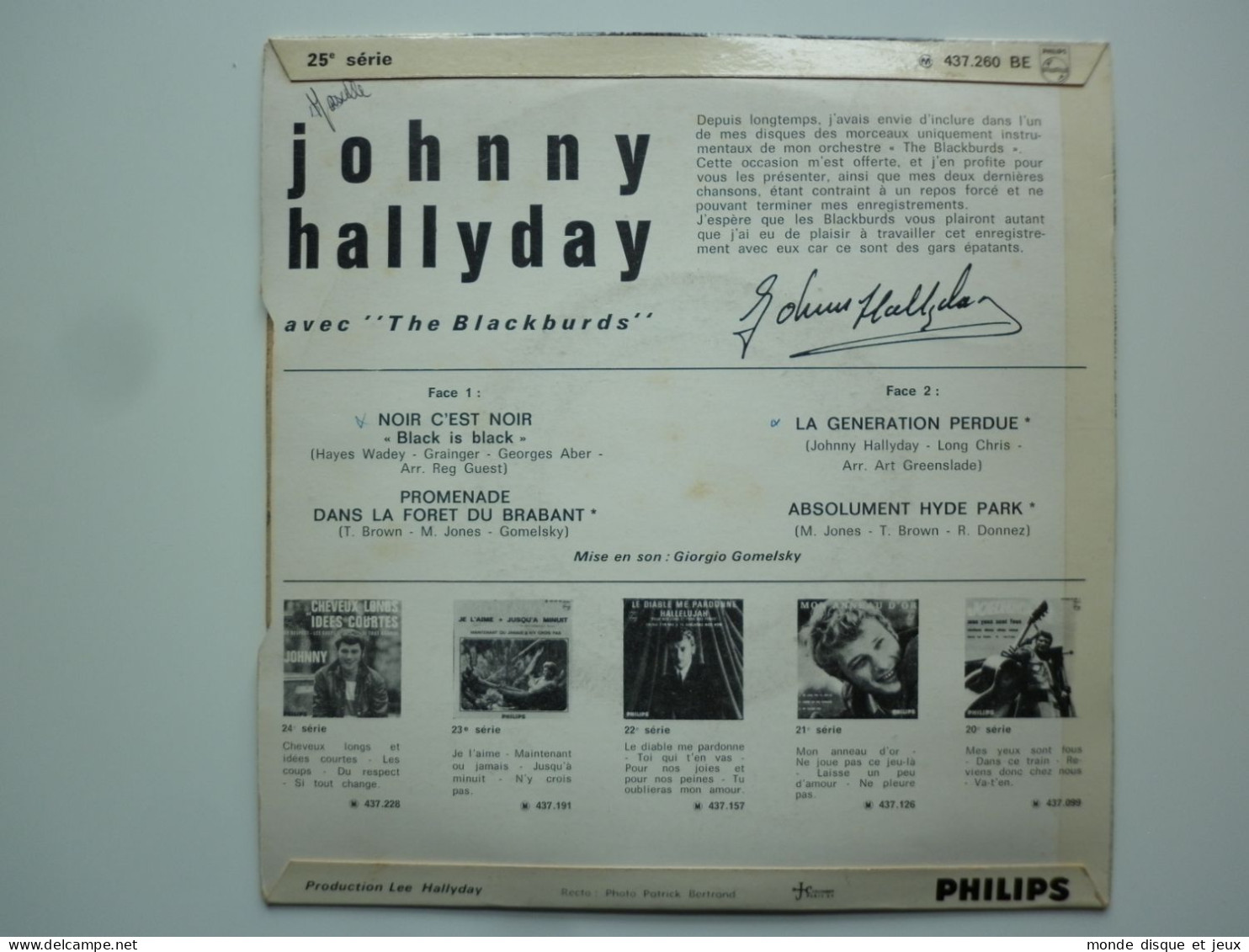 Johnny Hallyday 45Tours EP Vinyle Noir C'est Noir / La Génération Perdue J Colombet Paris - XV - 45 T - Maxi-Single