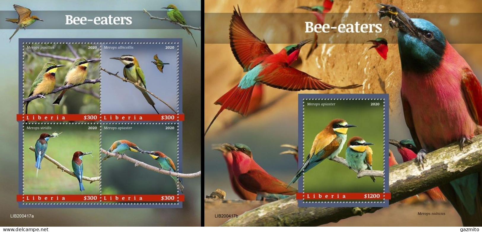 Liberia 2020, Animals, Bee Eaters, 4val In BF+BF - Songbirds & Tree Dwellers