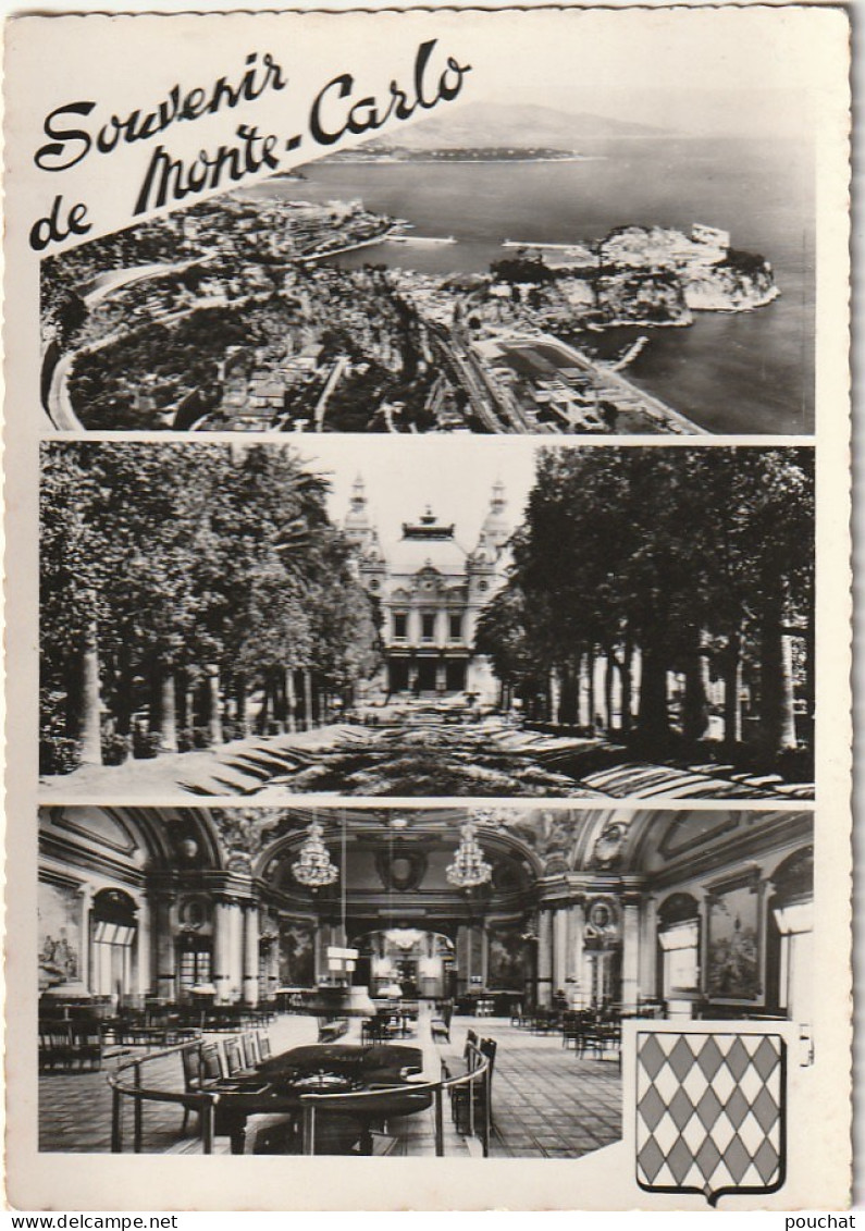 MO 15- SOUVENIR DE MONTE CARLO - CARTE MULTIVUES : VUE GENERALE , LE CASINO , UNE SALLE DE JEUX - 2 SCANS - Panoramische Zichten, Meerdere Zichten