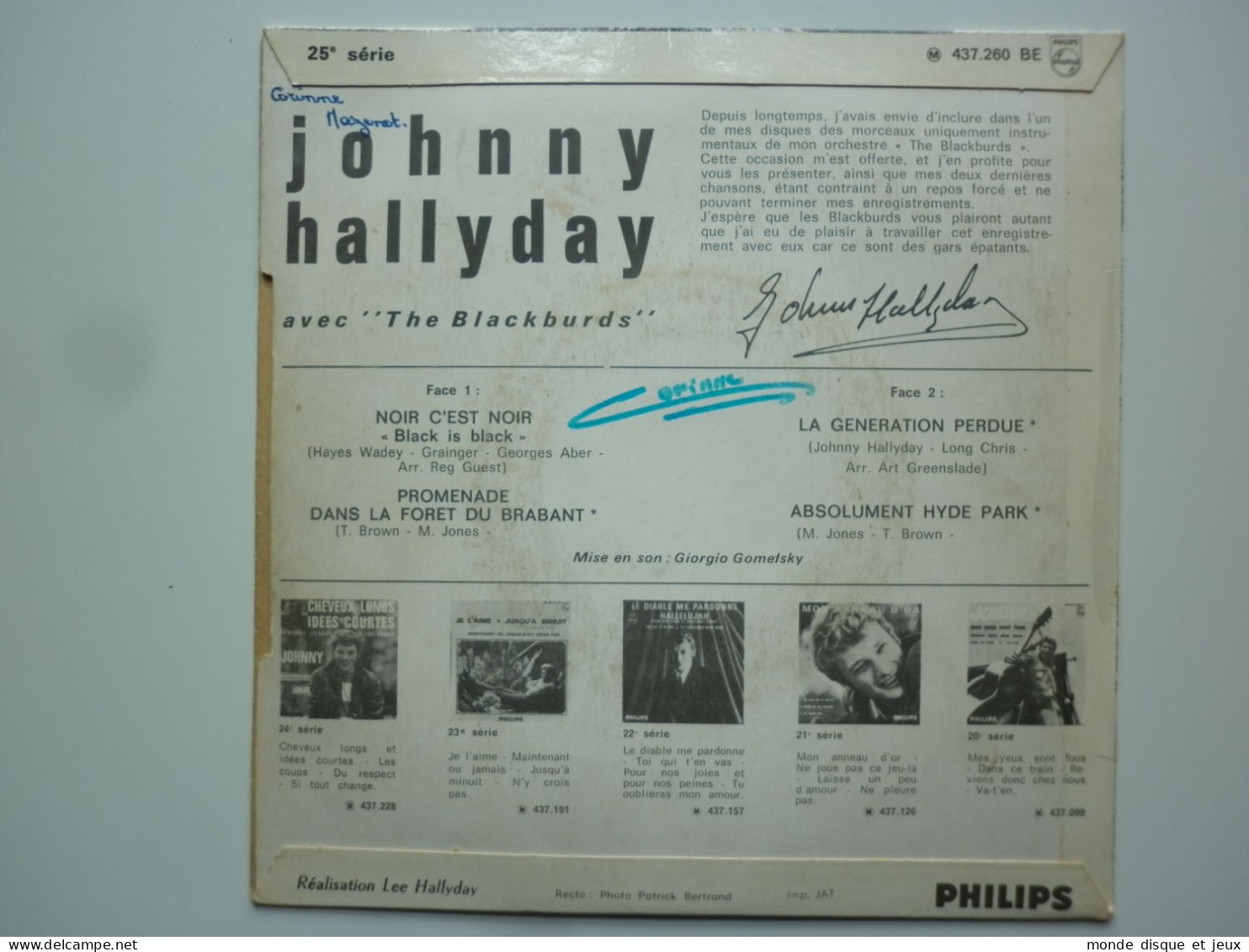 Johnny Hallyday 45Tours EP Vinyle Noir C'est Noir / La Génération Perdue JAT - 45 Rpm - Maxi-Single