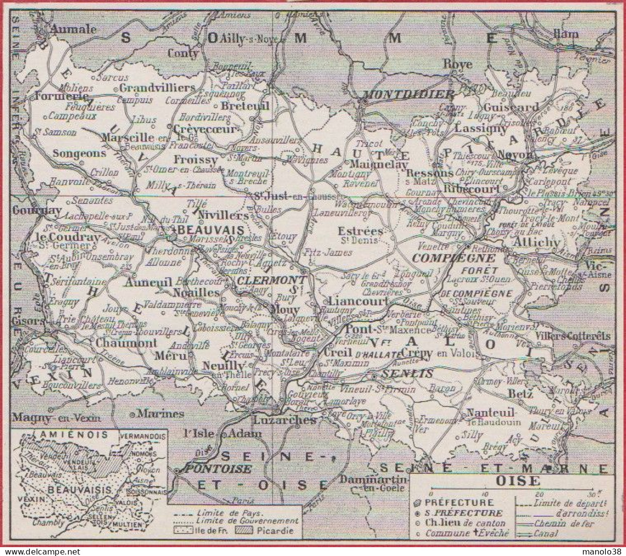 Carte Du Département De L'Oise (60). Préfecture, Sous Préfecture, Chef Lieu, Commune, Chemin De Fer. Larousse 1948. - Documenti Storici