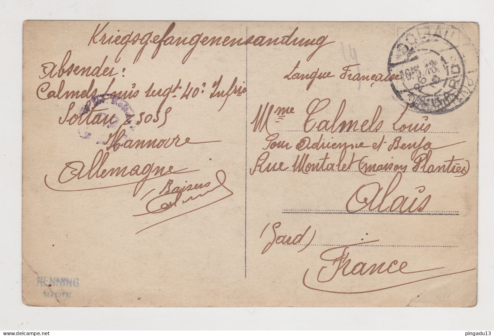 Fixe Carte Photo WW1 Prisonnier Guerre  Hannovre Pour Alais France - Weltkrieg 1914-18