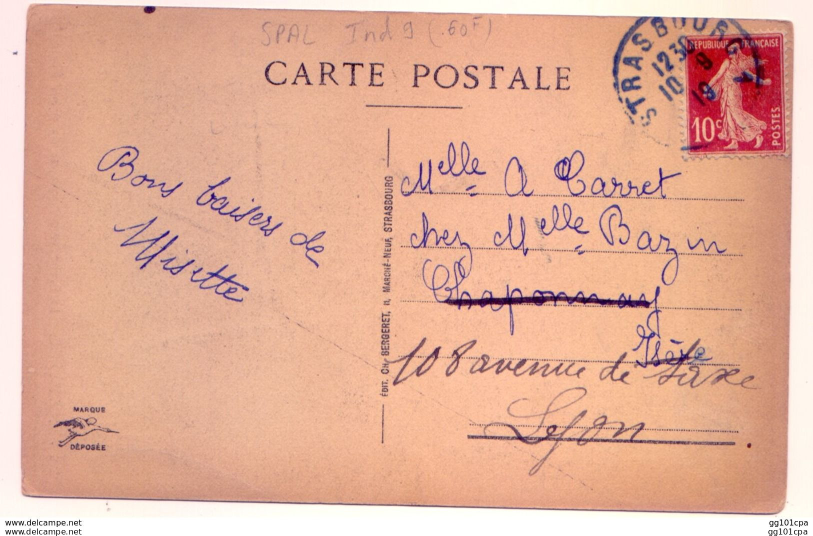 Cachet "Strasbourg 1 Bas-Rhin 1919" Bleu Sans Département Semeuse SUPERBE S CP Strasbourg - Paiement Par MANGOPAY Unique - Manual Postmarks