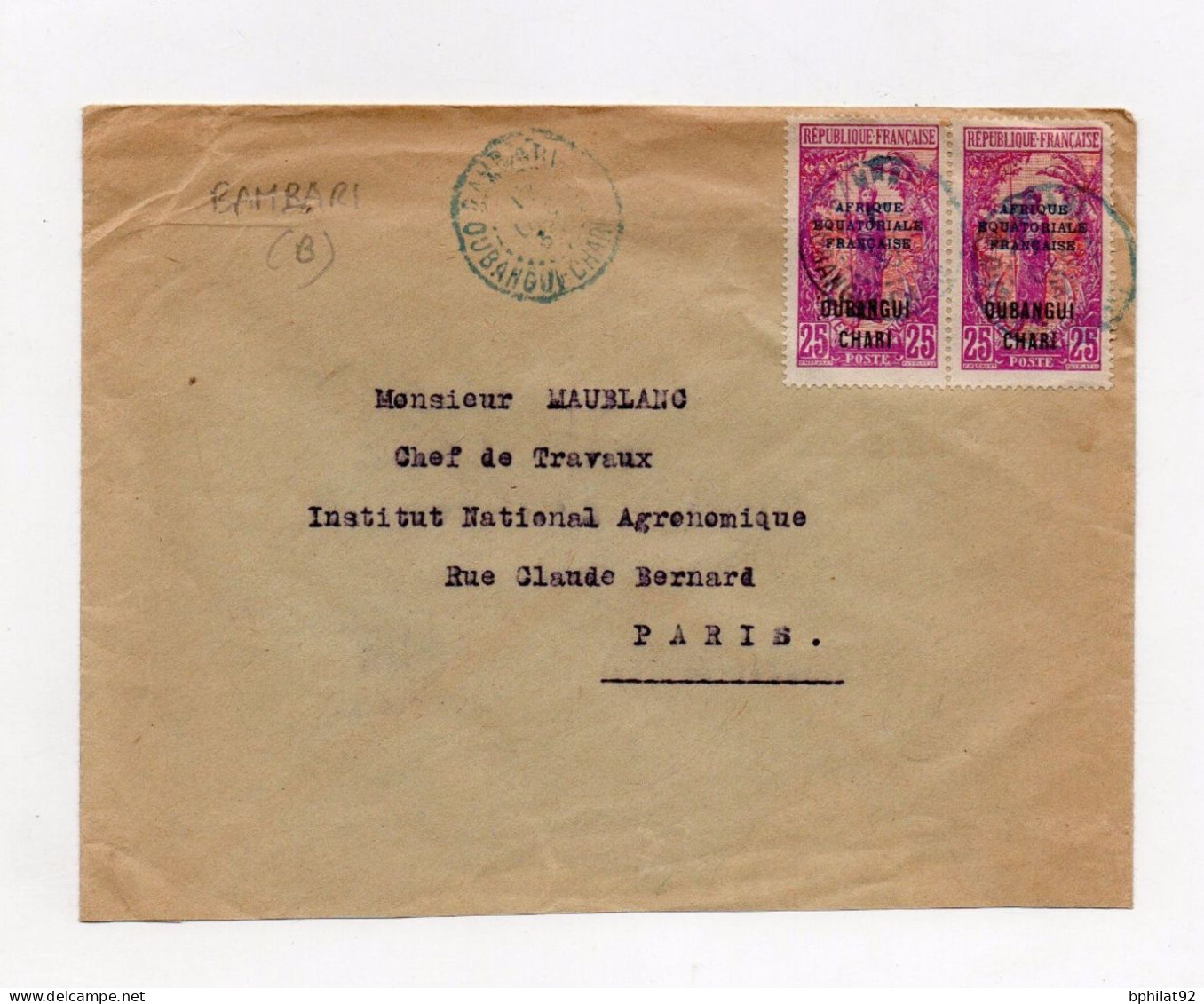 !!! OUBANGUI, OBLITERATION BLEUE DE BAMBARI SUR LETTRE POUR PARIS DE 1930 - Lettres & Documents