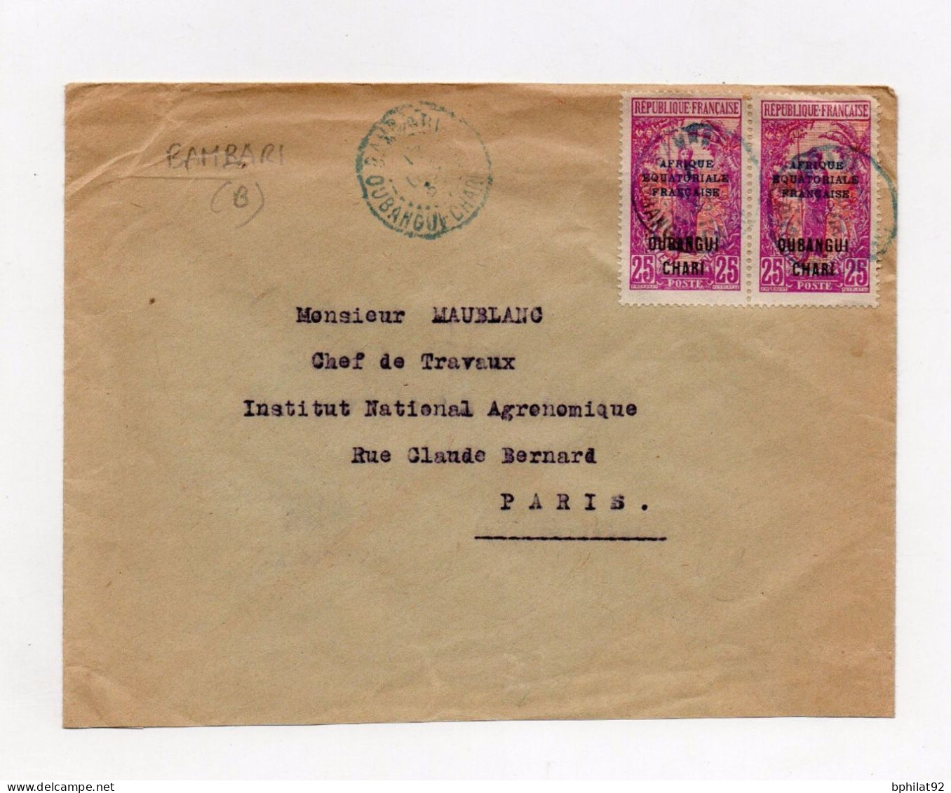 !!! OUBANGUI, OBLITERATION BLEUE DE BAMBARI SUR LETTRE POUR PARIS DE 1930 - Brieven En Documenten