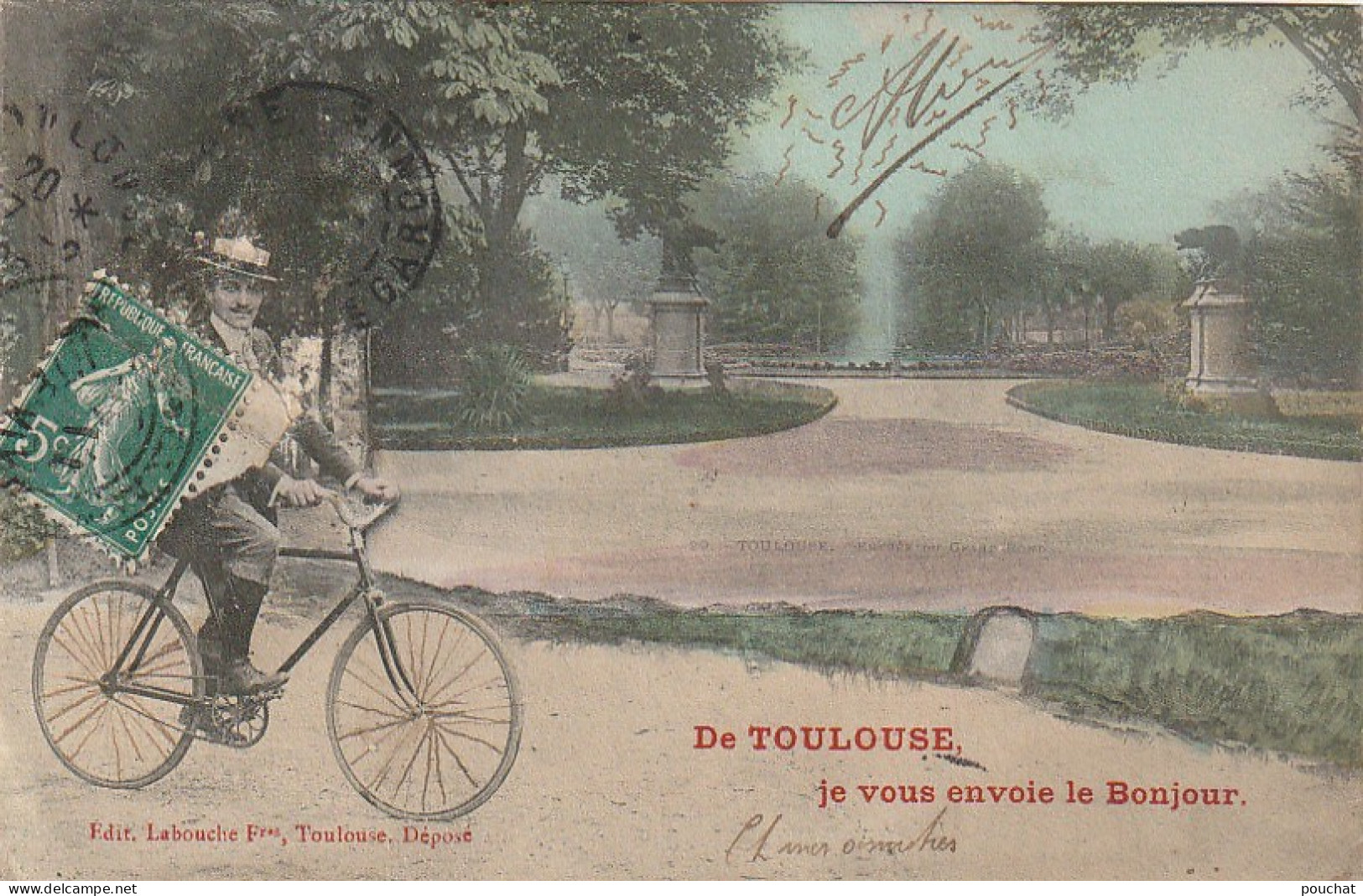 MO 22-(31) DE TOULOUSE , JE VOUS ENVOIE LE BONJOUR - CARTE FANTAISIE COLORISEE - CYCLISTE   - 2 SCANS  - Toulouse