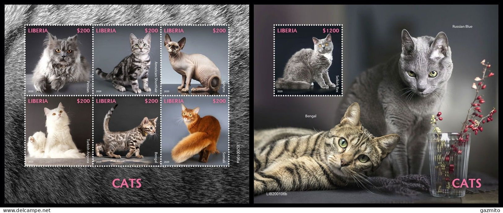 Liberia 2020, Animals, Cats II, 6val In Block +Block - Domestic Cats