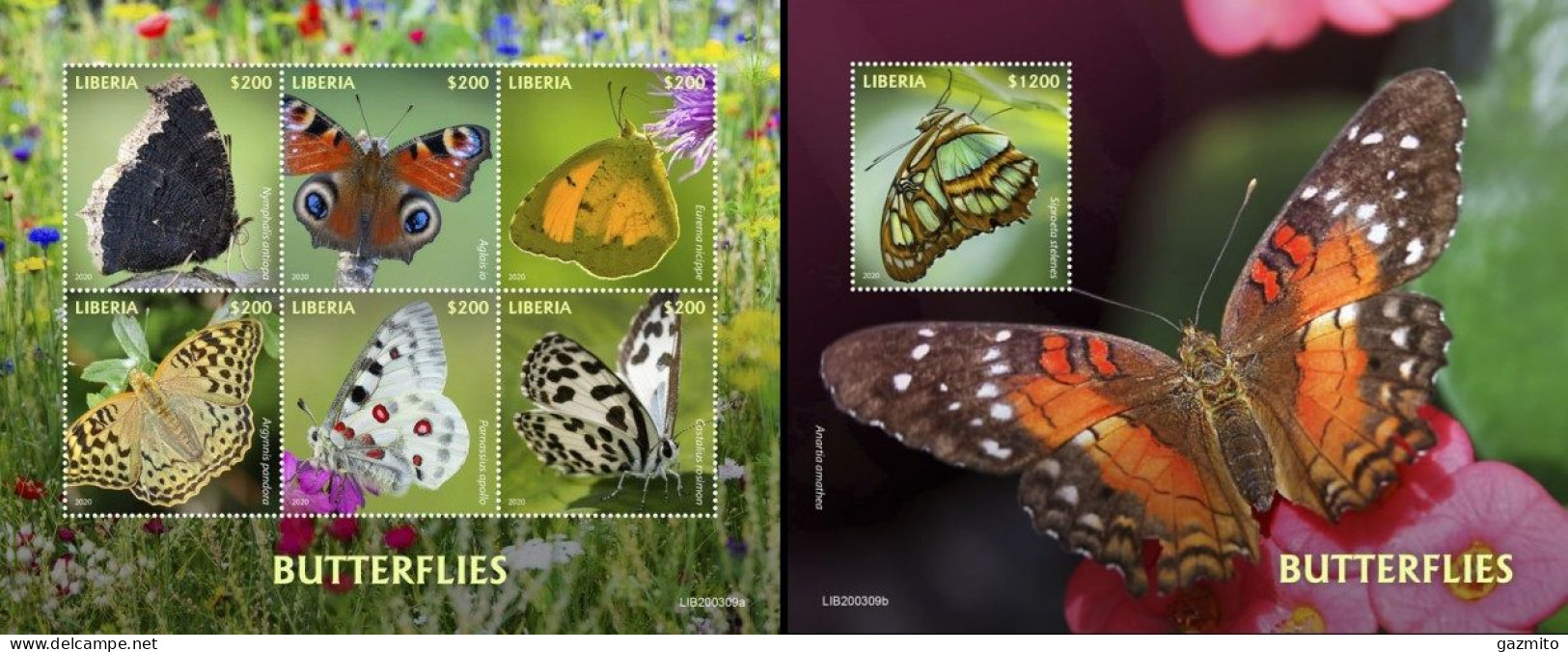 Liberia 2020, Animals, Butterflies I, 6val In BF +BF - Farfalle