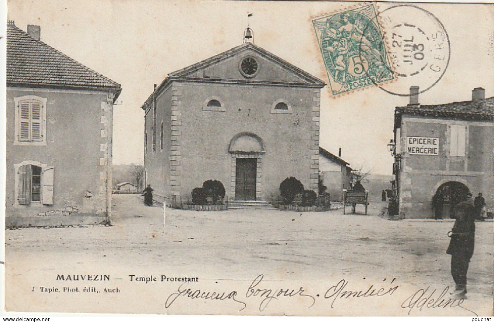 MO 23 -(32) MAUVEZIN - TEMPLE PROTESTANT - EPICERIE , MERCERIE - VILLAGEOIS - 2 SCANS - Autres & Non Classés