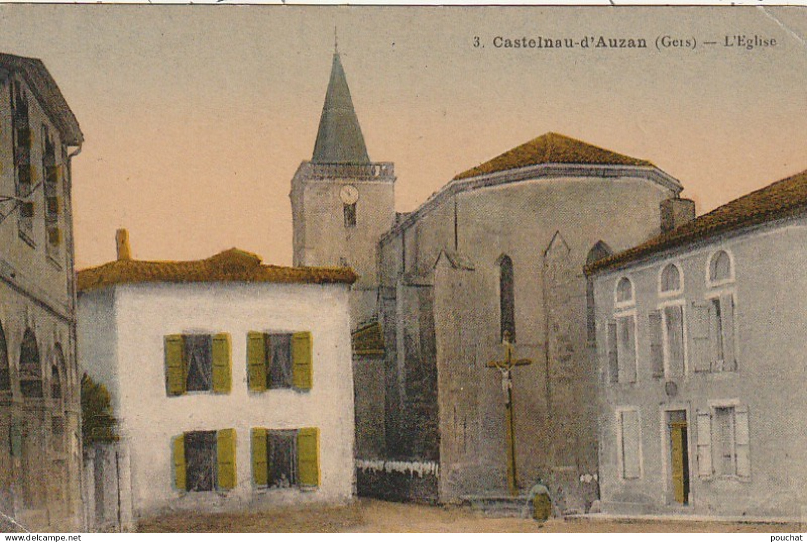 MO 23 -(32) CASTELNAU D' AUZAN - L ' EGLISE - CARTE COLORISEE - 2 SCANS - Autres & Non Classés