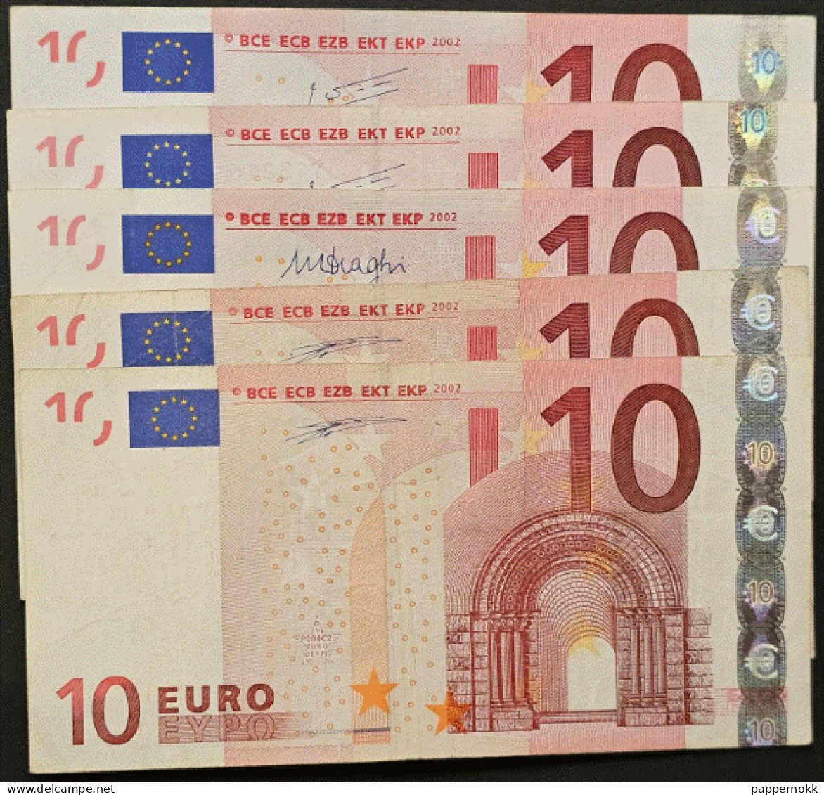 10 Euro 1° Serie  P004 H6 - P004 C2 - F006 F2 - E007 B5 - N021 A3.  5 Banconote - 10 Euro
