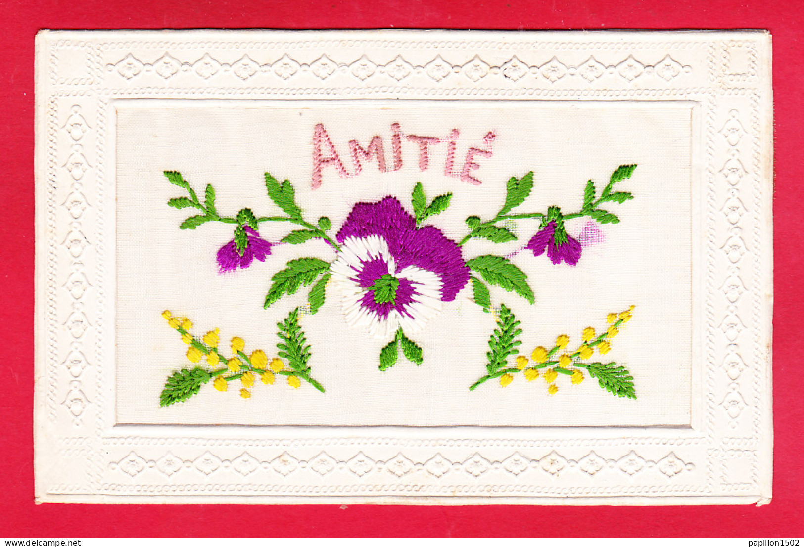 Brodee-157A38  Carte Très Finement Brodée AMITIE, Fleurs, (broderie Impeccable), BE - Embroidered
