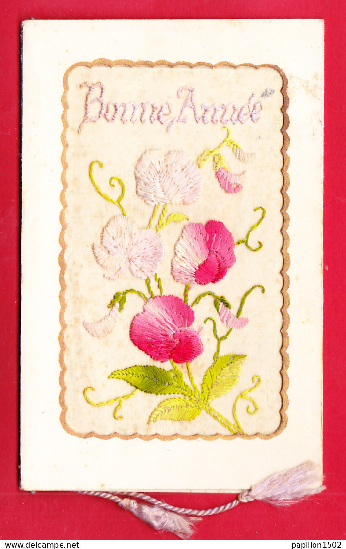 Brodee-158A38  Carte Double, BONNE ANNEE, Fleurs, Feuillage - Brodées