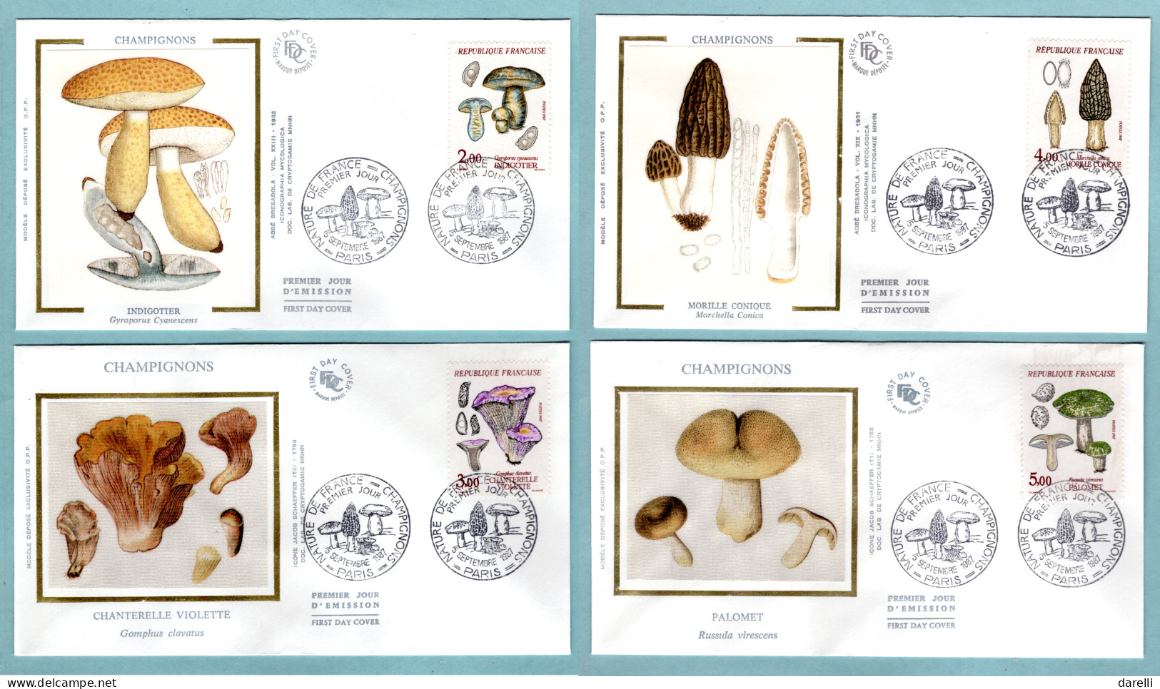 FDC France 1987 - Nature De France - Champignons - Indigotier, Chanterelle, Morille, Palomet YT 2488 à 2491 - Paris - 1980-1989