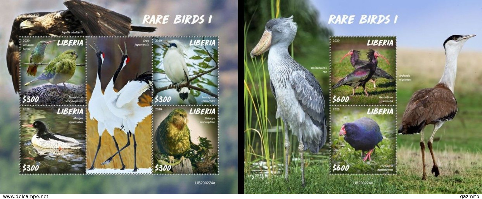 Liberia 2020, Animals, Birds I, 4val In BF+BF - Aves Gruiformes (Grullas)
