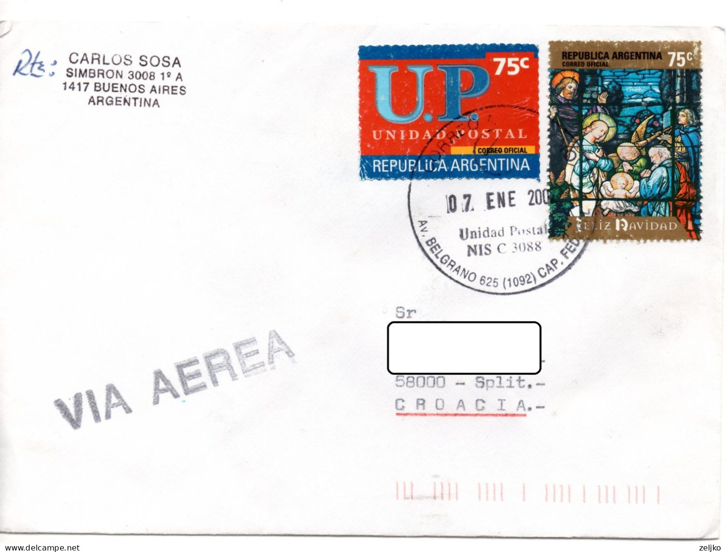 Argentina, Letter, Michel 2627 Christmas 2000, Michel 2635 Union Postal 2001 - Brieven En Documenten
