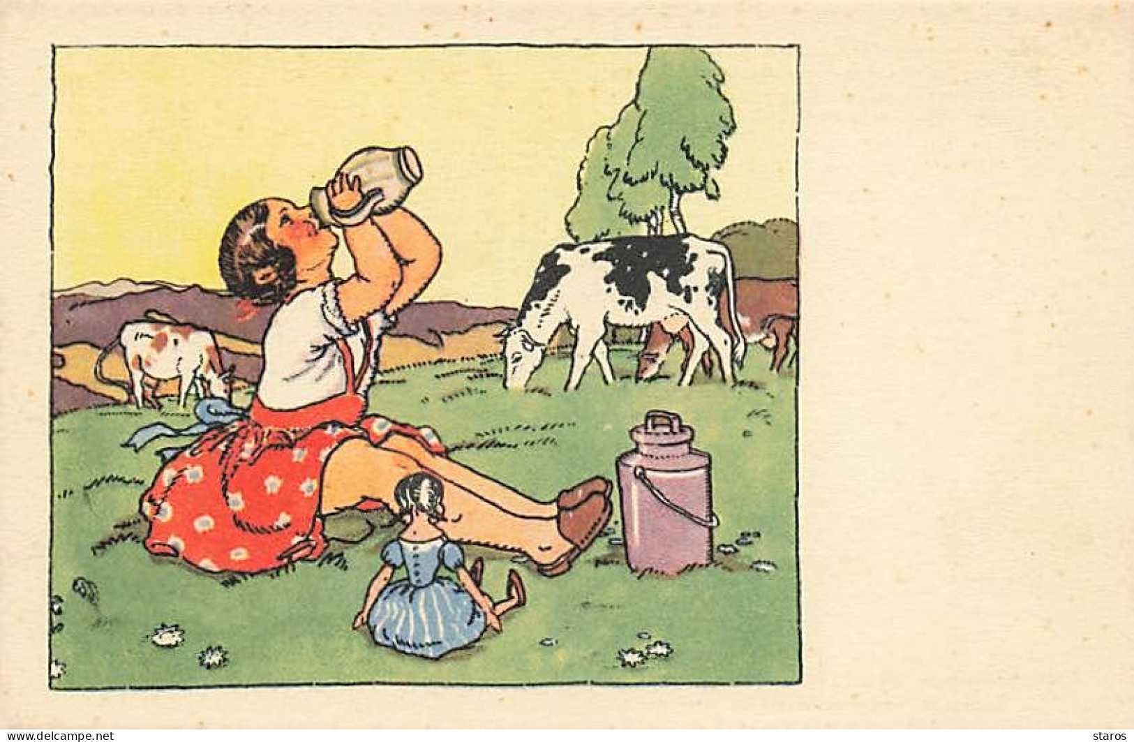 Fischerová-Kvěchová - Jeune Fille Buvant Du Lait, Près De Vaches Et D'une Poupée, Assise Dans Un Pré - Tuberculose - Sonstige & Ohne Zuordnung