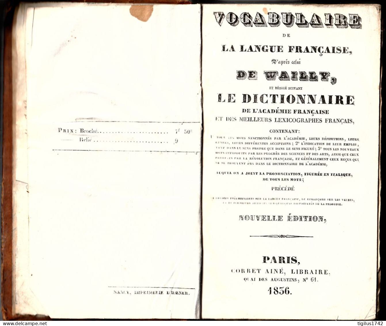 Vocabulaire De La Langue Française D'après Celui De Wailly, Corbet Ainé Libraire éd., Paris, 1836 - 1801-1900