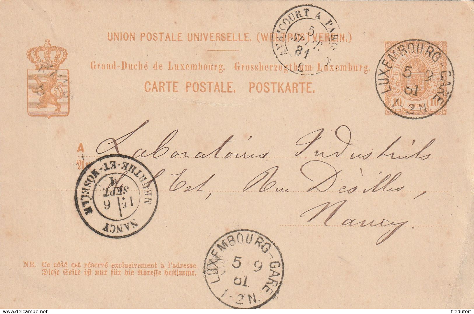 LUXEMBOURG - Entiers Postaux - Le 05/09/1881 - Stamped Stationery