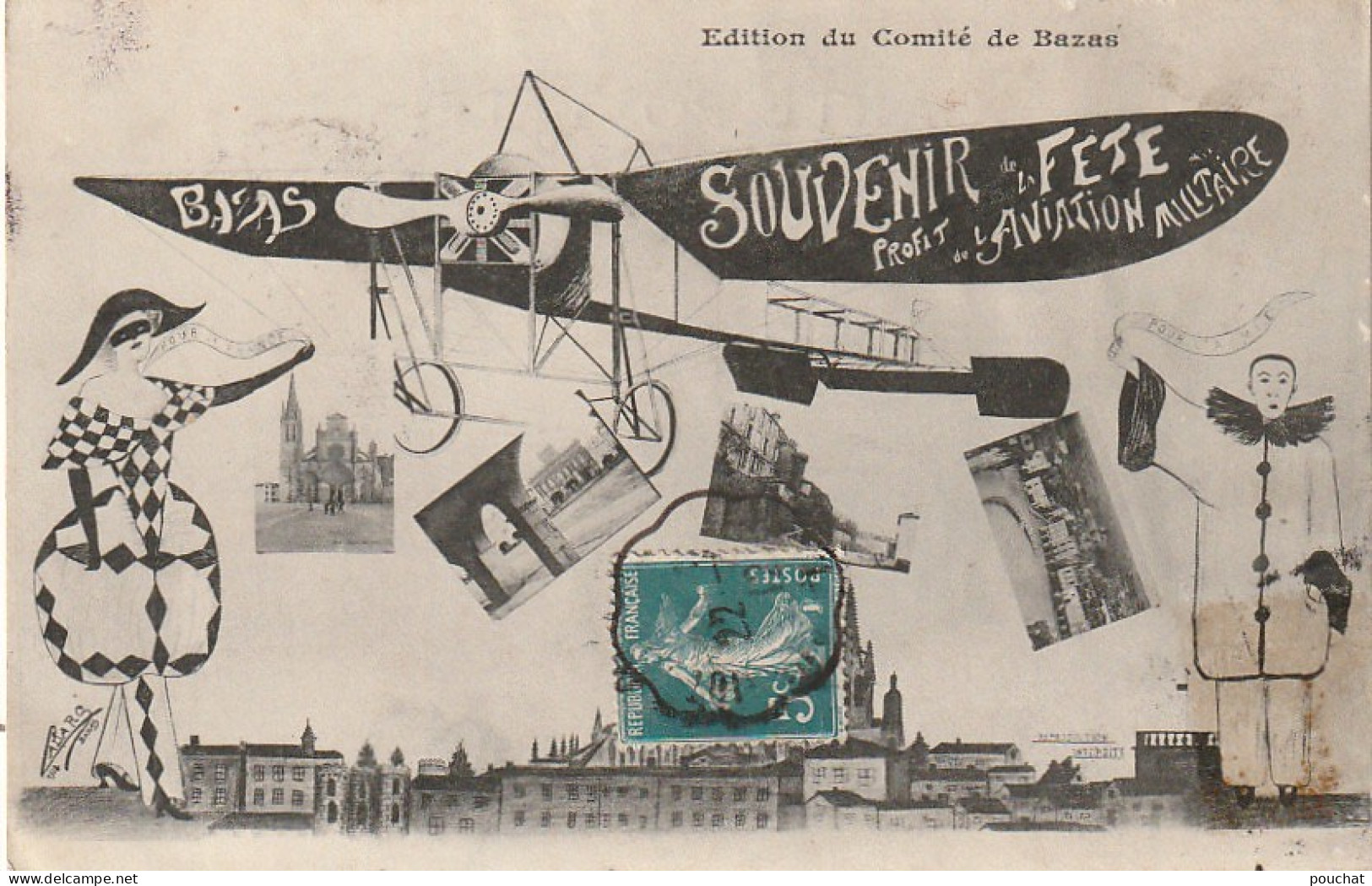 NE 5-(33) BAZAS - SOUVENIR DE LA FETE AU PROFIT DE L' AVIATION MILITAIRE - AER0PLANE , PIERROT COLOMBINE- 2 SCANS - Bazas