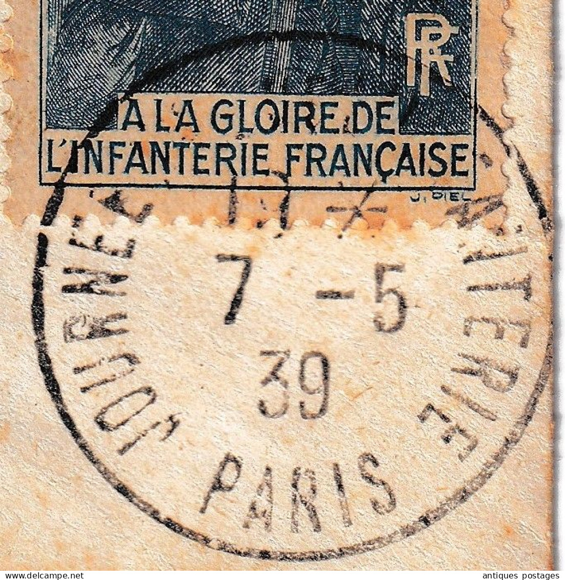 Lettre 7 mai 1939 A la Gloire de l'Infanterie Française Cachet Journée Nationale de l'Infanterie