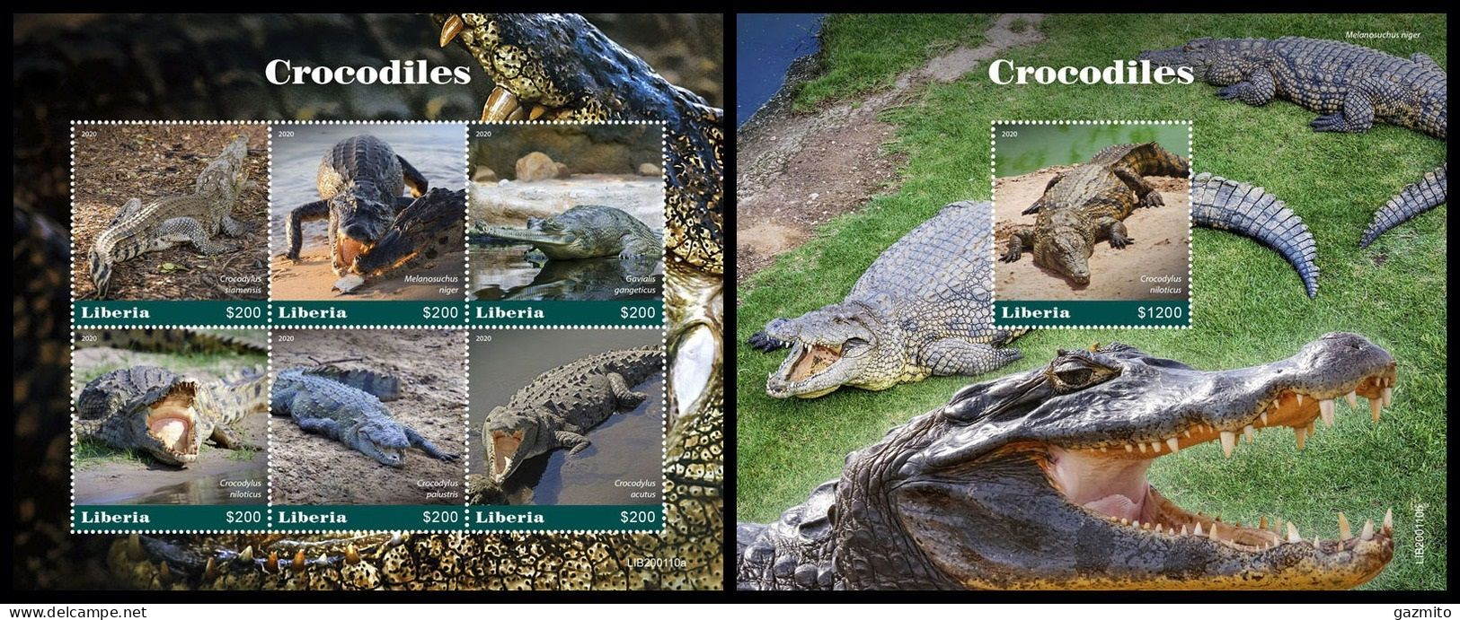 Liberia 2020, Animals, Crocodiles, 6val In Block +Block - Liberia