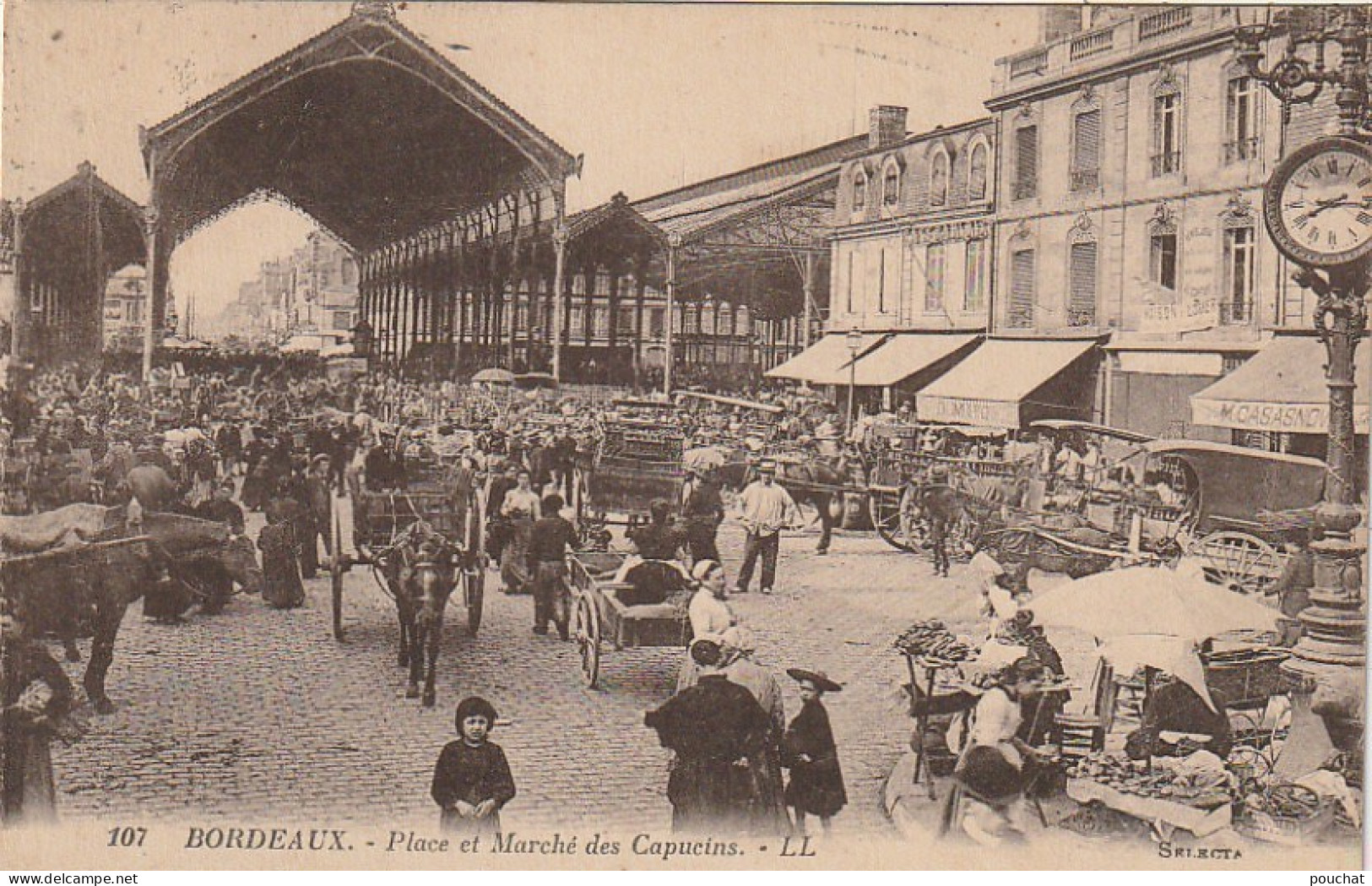 NE 8 -(33)  BORDEAUX - PLACE ET MARCHE DES CAPUCINS - CARRIOLES A CHEVAL - ETALS , CHALANDS - 2 SCANS - Bordeaux