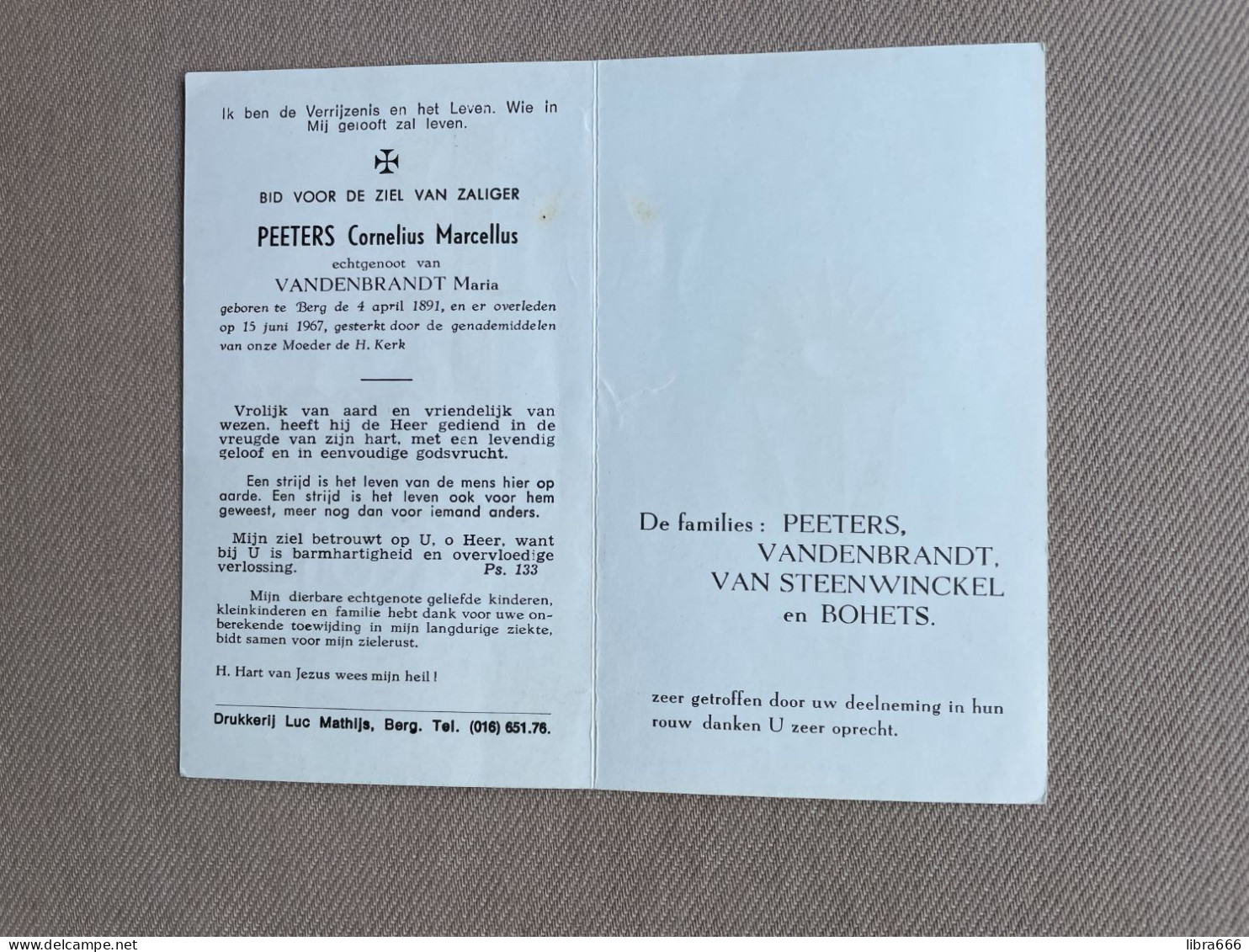 PEETERS Cornelius Marcellus °BERG 1891 +BERG 1967 - VANDENBRANDT - VAN STEENWINCKEL - BOHETS - Overlijden