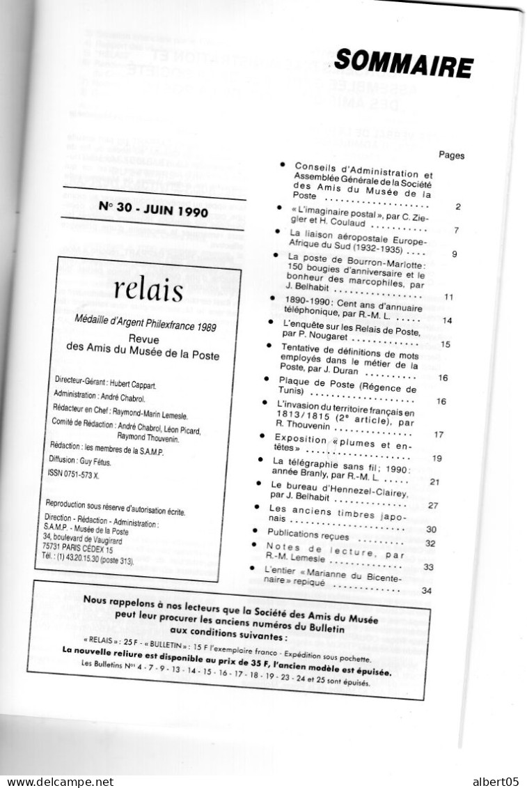 Relais - N° 30 - Juin 1990 -   Revue Des Amis Du Musée De  La Poste - Avec Sommaire - Télégraphie Sans Fil......... - Filatelie En Postgeschiedenis