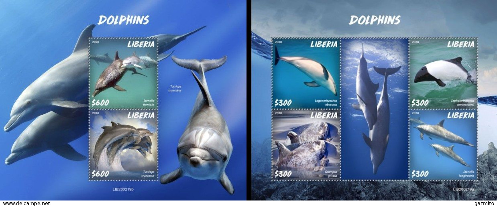 Liberia 2020, Animals, Dolphins II, 4val In BF+BF - Delfini