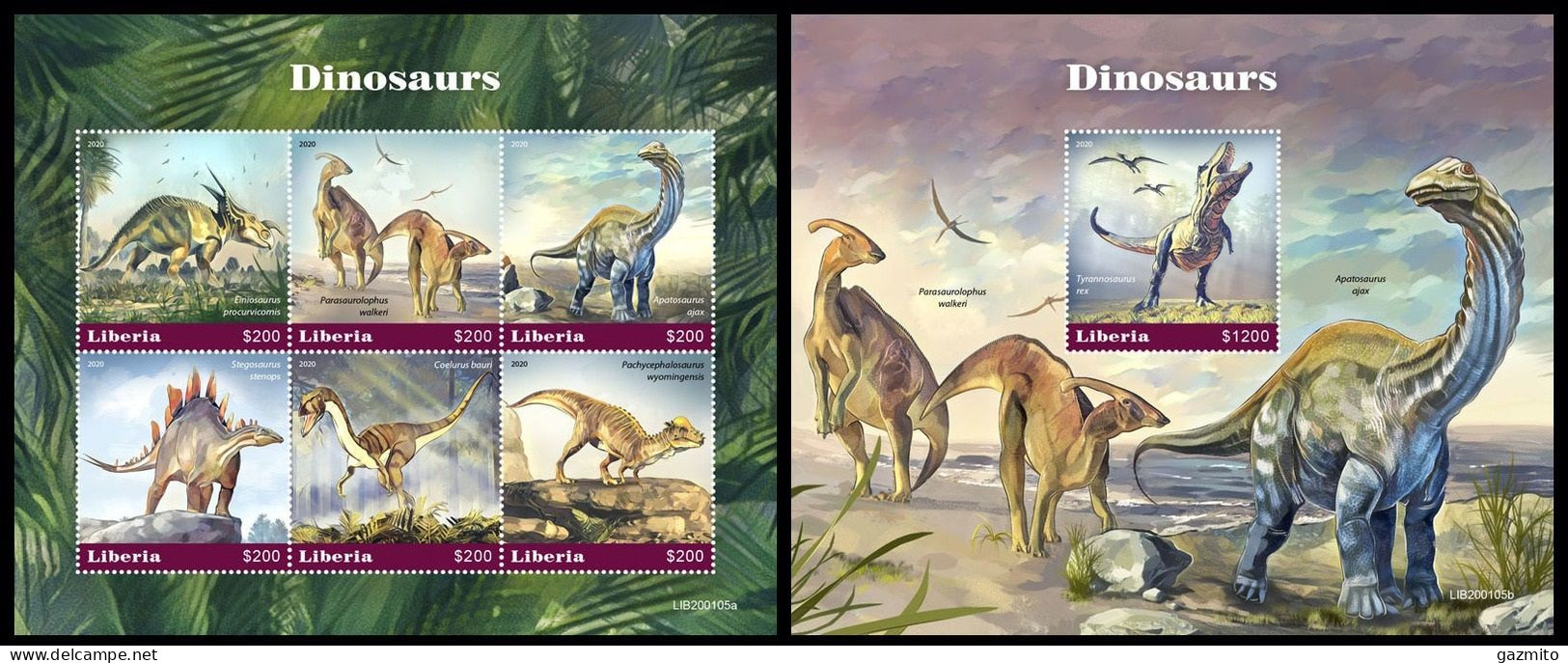 Liberia 2020, Animals, Dinosaurs II, 6val In Block +Block - Prehistorics