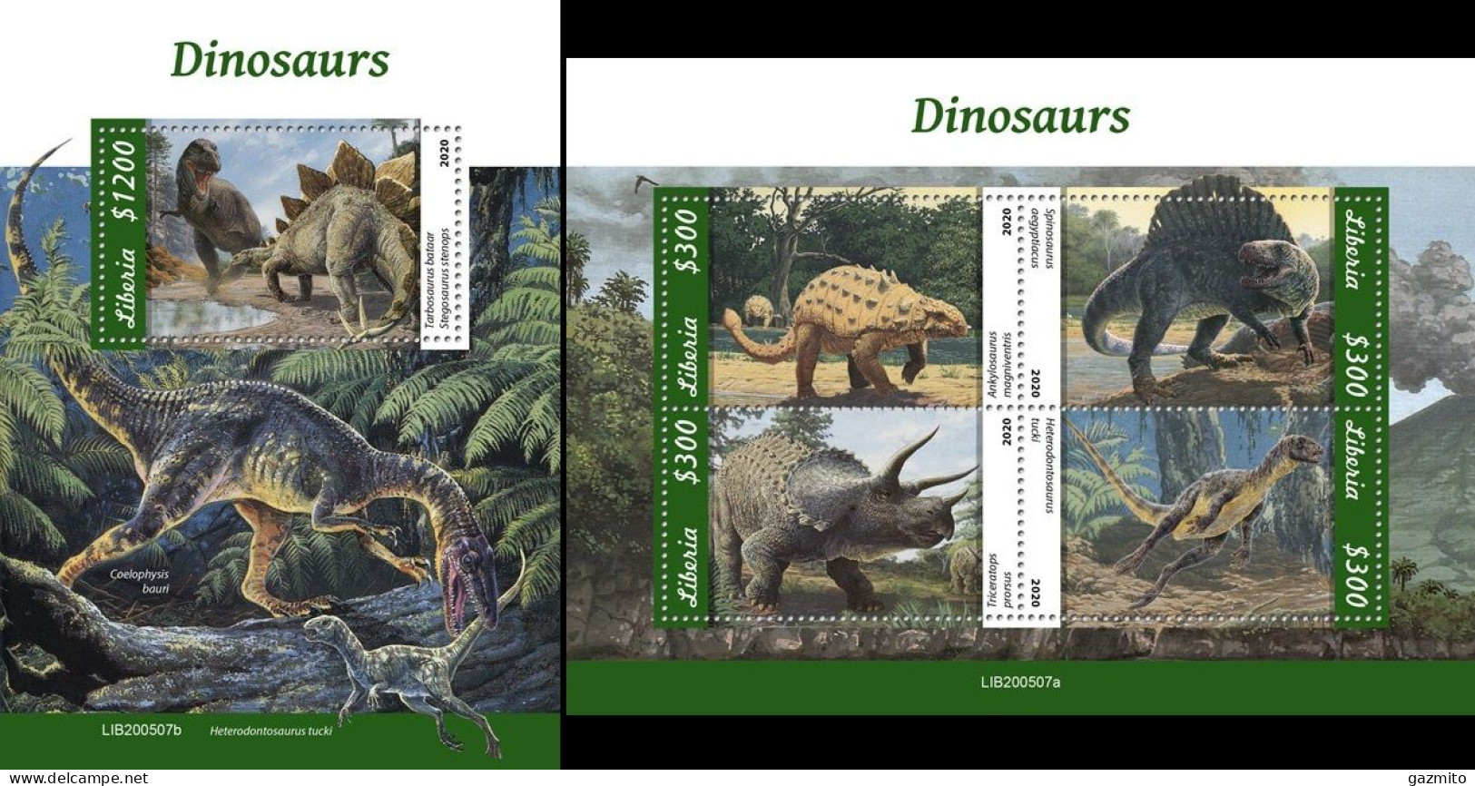 Liberia 2020, Animals, Dinosaurs I, 4val In BF +BF - Prehistorisch