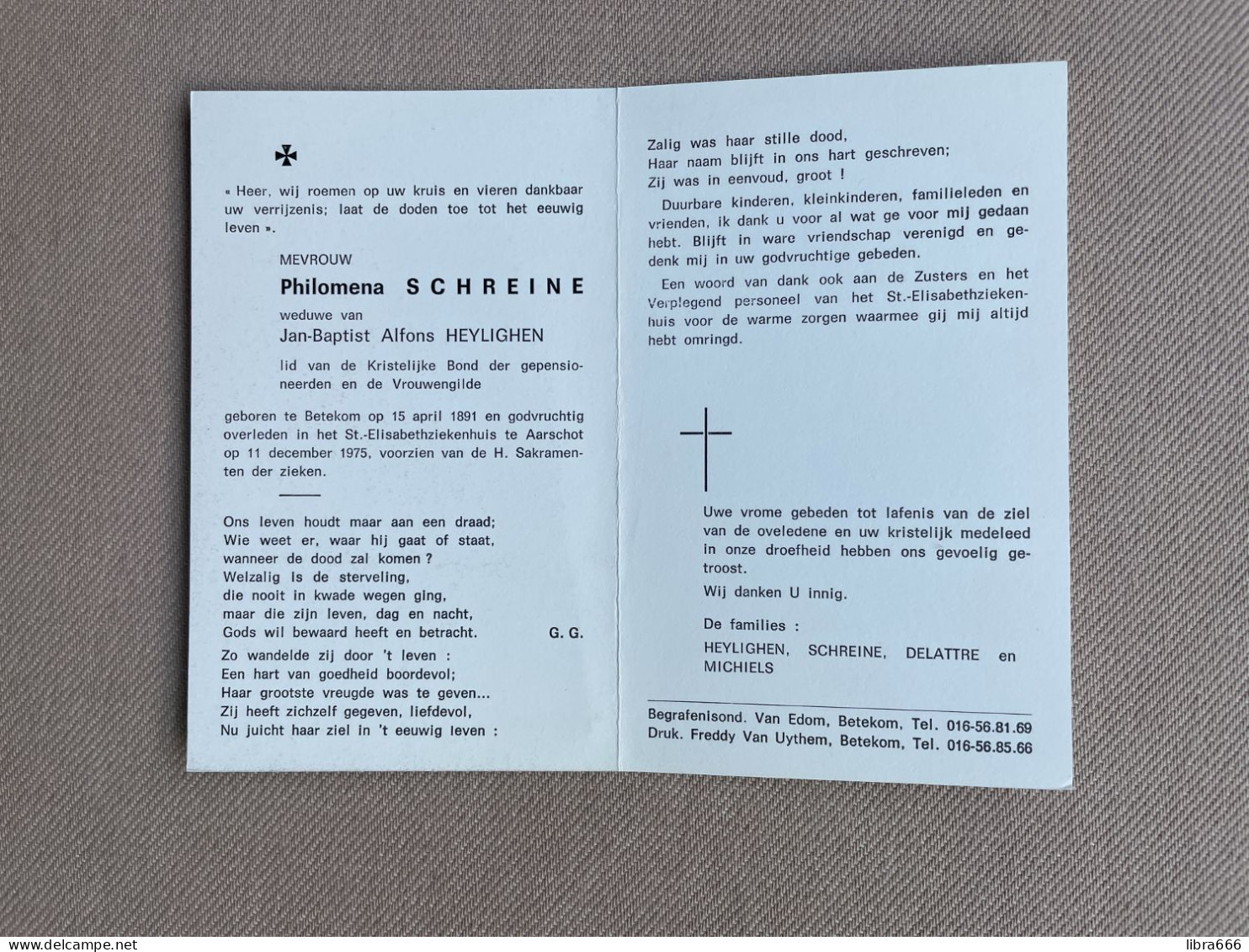 SCHREINE Philomena °BETEKOM 1891  +AARSCHOT 1975 - HEYLIGHEN - DELATTRE - MICHIELS - Obituary Notices