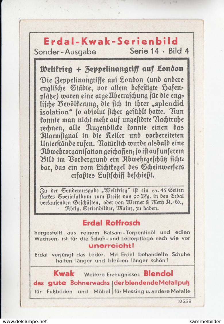 Erdal Kwak  Weltkrieg 1914 -1918 Zeppelinangriff Auf London    Serie 14 #4 Von 1934 - Andere & Zonder Classificatie