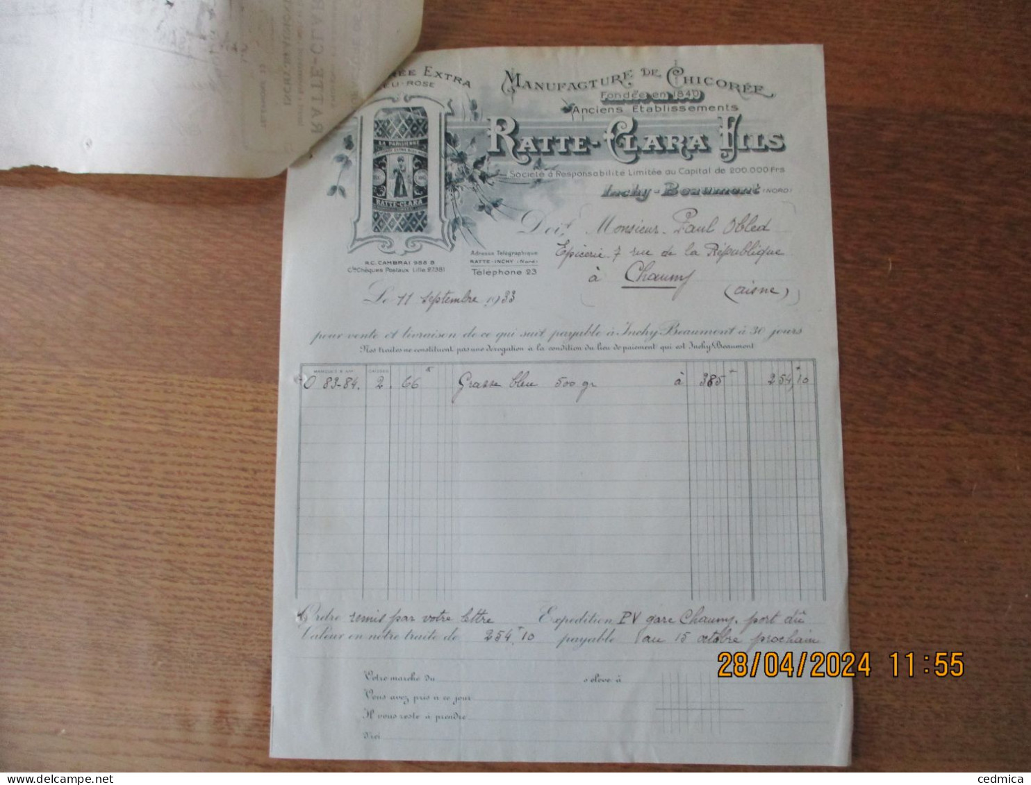 INCHY-BEAUMONT MANUFACTURE DE CHICOREE RATTE-CLARA FILS FACTURE ET TRAITE DU 11 SEPTEMBRE 1933 - Levensmiddelen