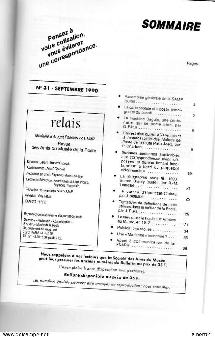 Relais - N° 31 - Septembre 1990 -   Revue Des Amis Du Musée De  La Poste - Avec Sommaire - Daguin , Varennes........ - Philatelie Und Postgeschichte