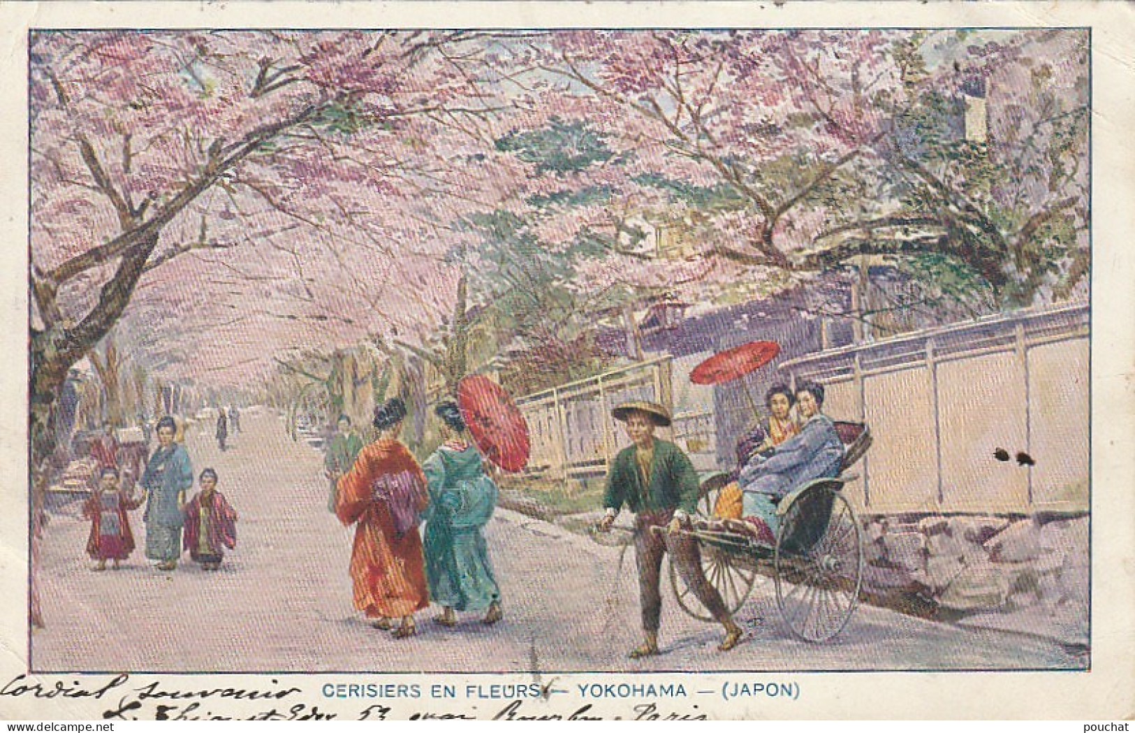 NE 13 - JAPON - YOKOHAMA - CERISIERS EN FLEURS - ILLUSTRATION - CARTE COLORISEE - 2 SCANS - Yokohama