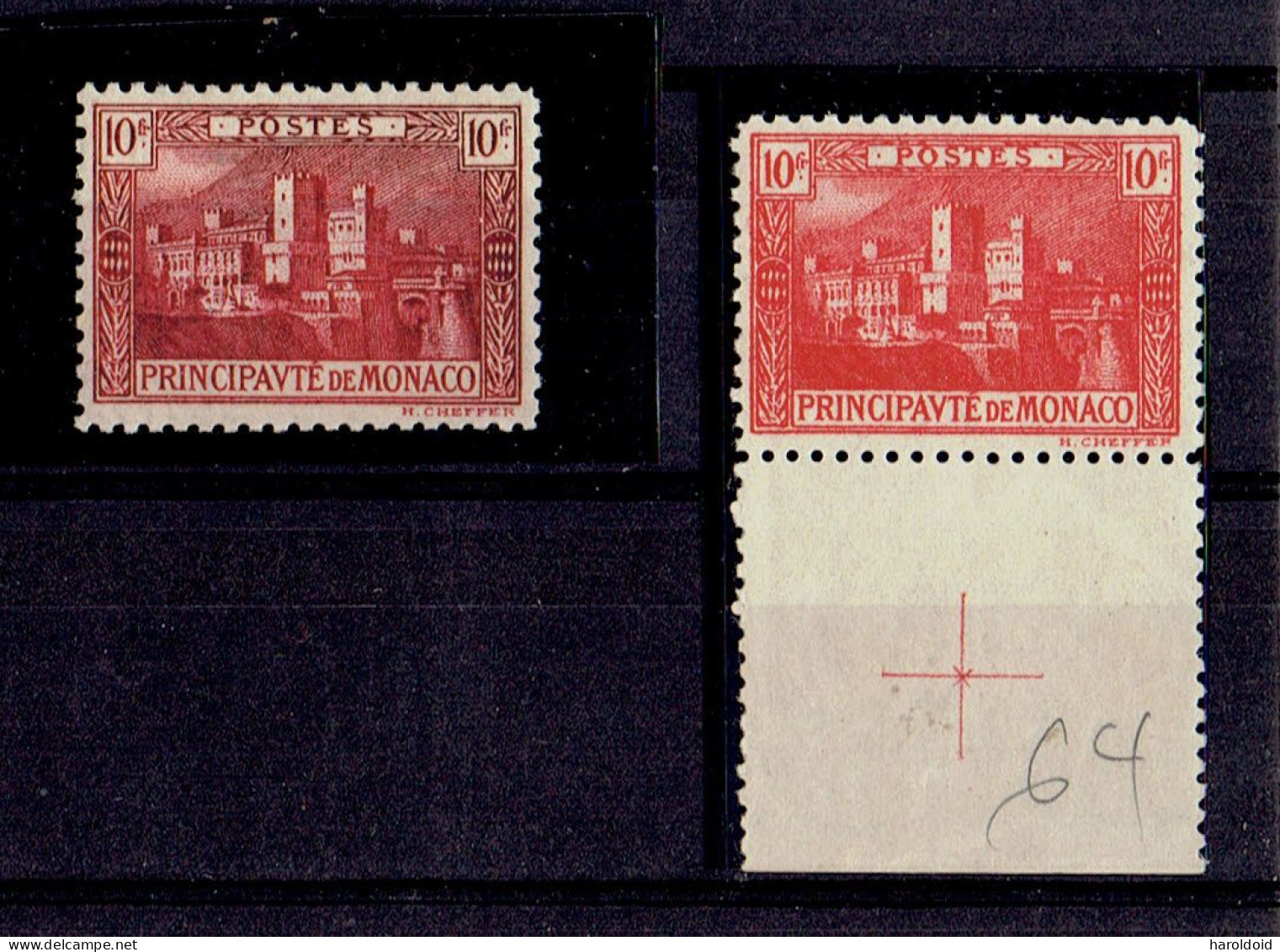 MONACO - N°64 CARMIN BRUN - 64"a" ROSE BORD DE FEUILLE + CROIX DE REPERE - LES 2 TP ** MNH TB + TB CENTRAGE - Unused Stamps