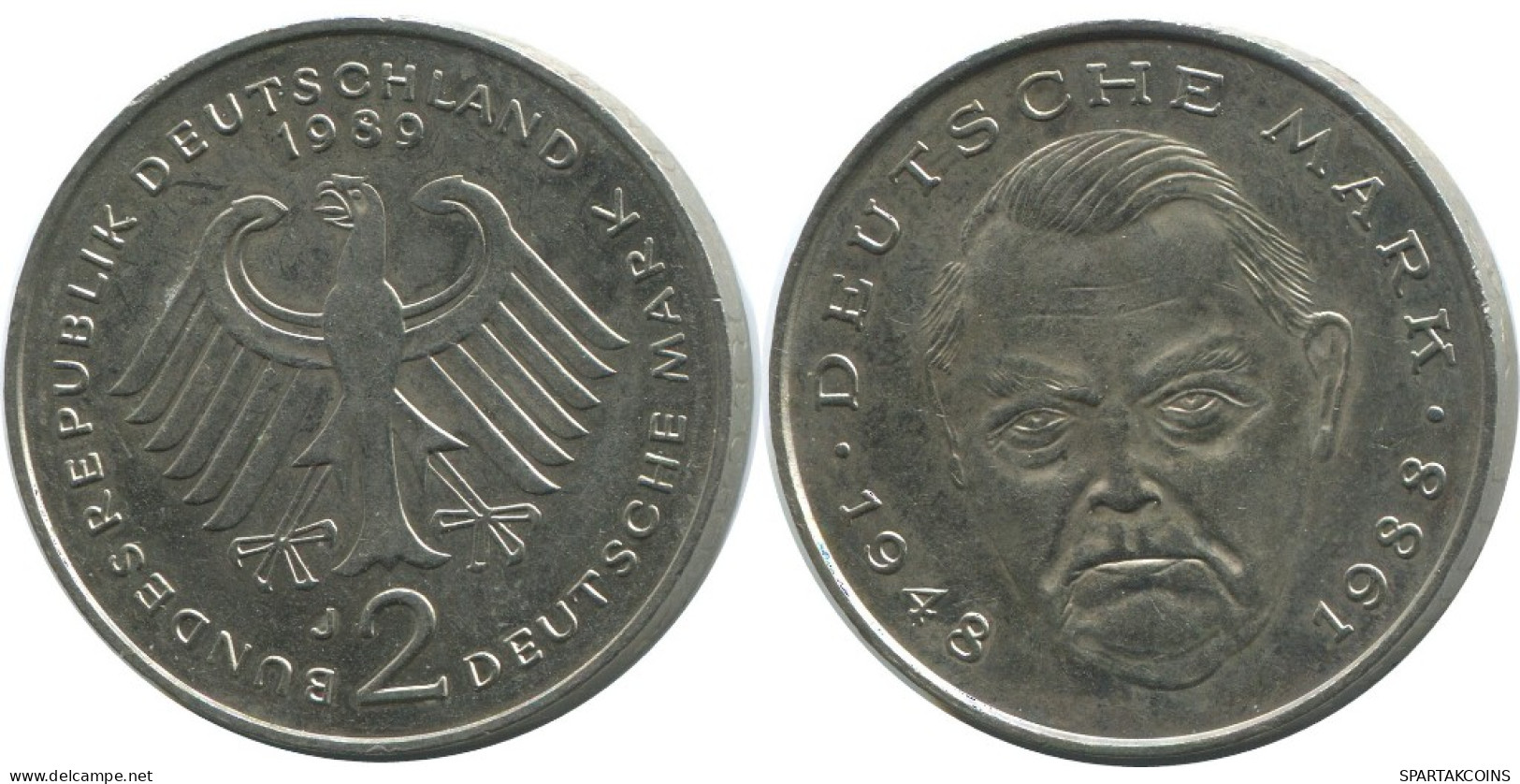2 DM 1989 J L.ERHARD WEST & UNIFIED GERMANY Coin #AG265.3.U.A - 2 Marcos