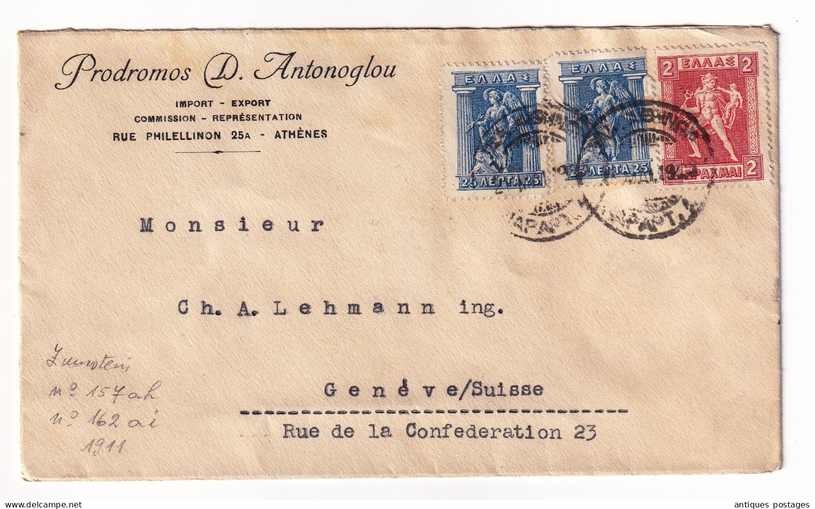 Lettre 1911 Athènes Grèce Podromos D. Antonoglou Genève Lehmann Suisse Switzerland Athens Greece Athen Griechenland - Storia Postale