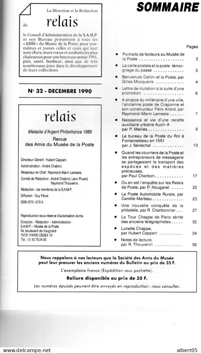 Relais - N° 32 - Décembre 1990 -  Revue Des Amis Du Musée De  La Poste - Avec Sommaire - Poste Du Roi , Poste Automobile - Filatelia E Historia De Correos