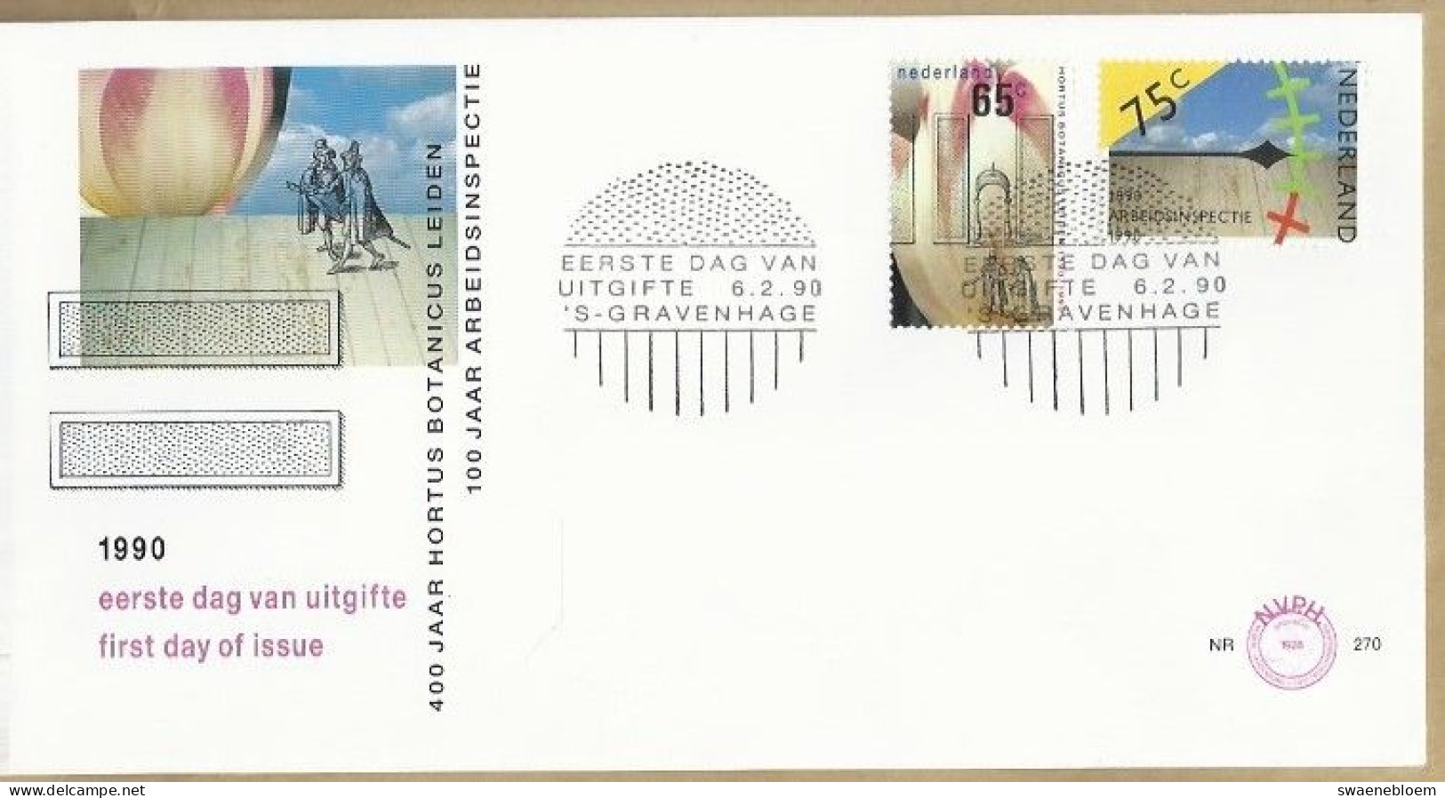 NL.- FDC. NVPH Nr. 270. EERSTE DAG VAN UITGIFTE. FIRST DAY OF ISSUE. 06-02-1990. HORTUS BOTANICUS LEIDEN. ARBEIDSINSPECT - FDC