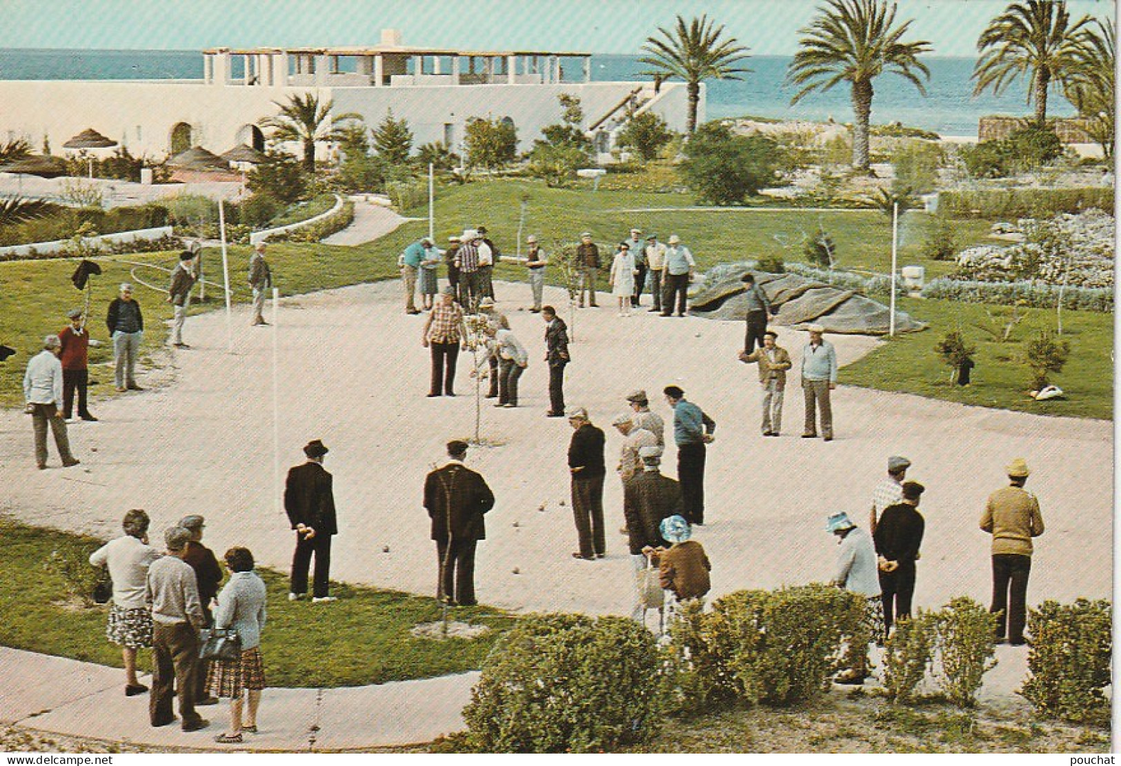 NE 21- TUNISIE - SKANES - RESIDENCE EL SHEMS - LE TERRAIN DE PETANQUE - JOUEURS ET SPECTATEURS- CARTE COULEURS - 2 SCANS - Tunisia