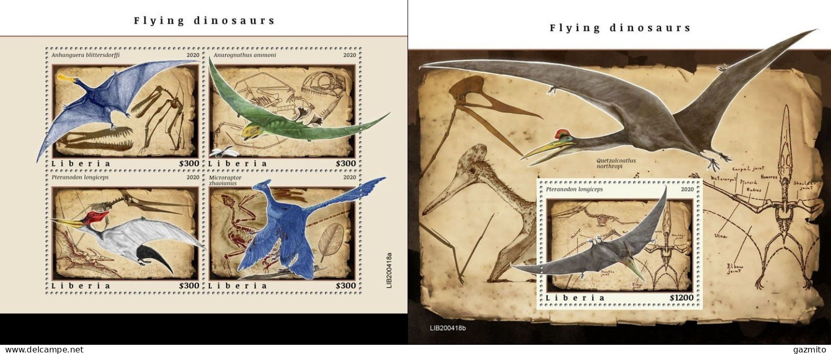Liberia 2020, Animals, Flying Dinosaurs, 4val In BF+BF - Prehistóricos