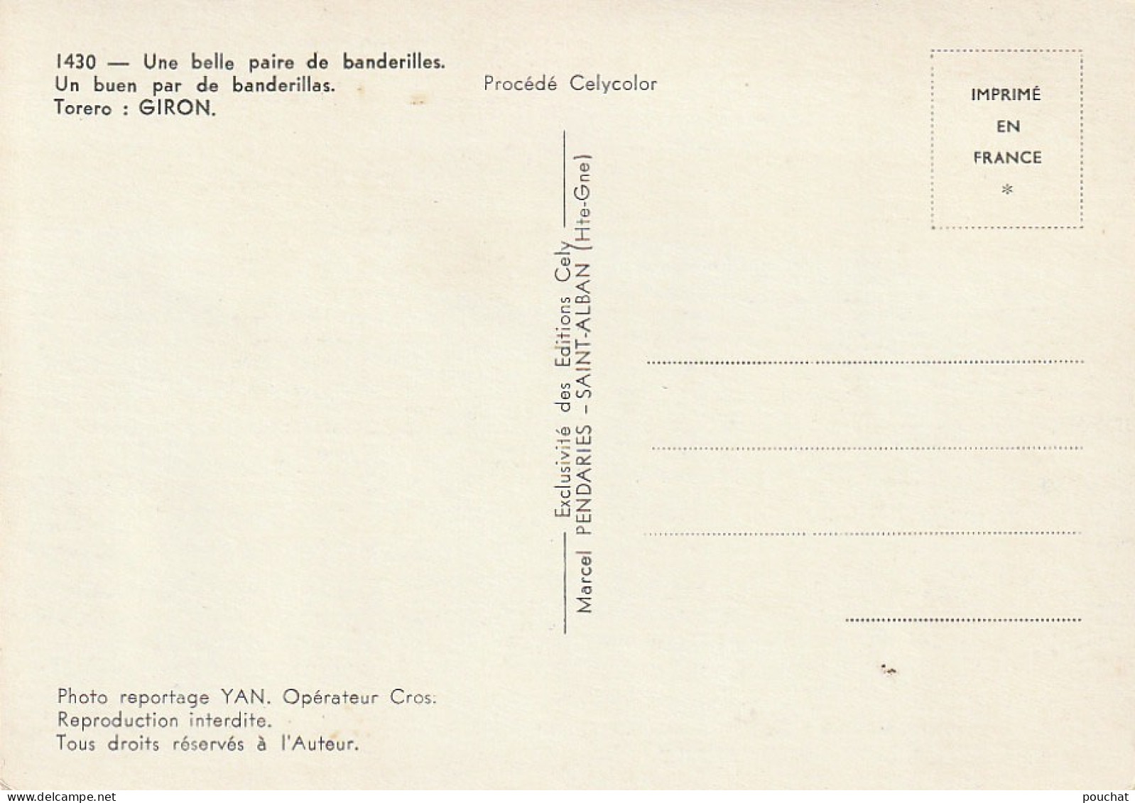 NE 22- CORRIDA - UNE BELLE PAIRE DE BANDERILLES - UN BUEN PAR DE BANDERILLAS - TORERO : GIRON - CARTE COULEURS - 2 SCANS - Stierkampf