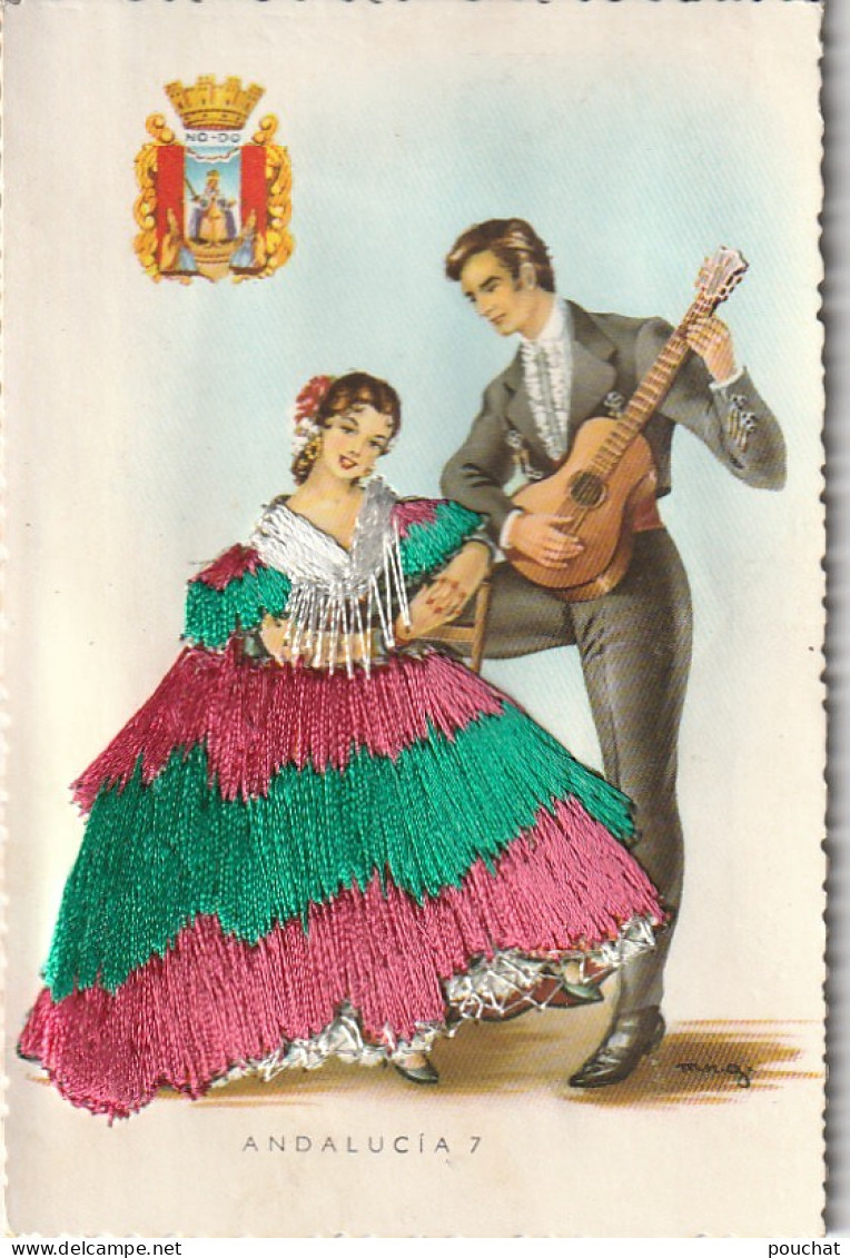 NE 24 - ANDALUCIA - ANDALOUSIE  - CARTE FANTAISIE BRODEE - COUPLE AVEC GUITARE - 2 SCANS  - Bailes