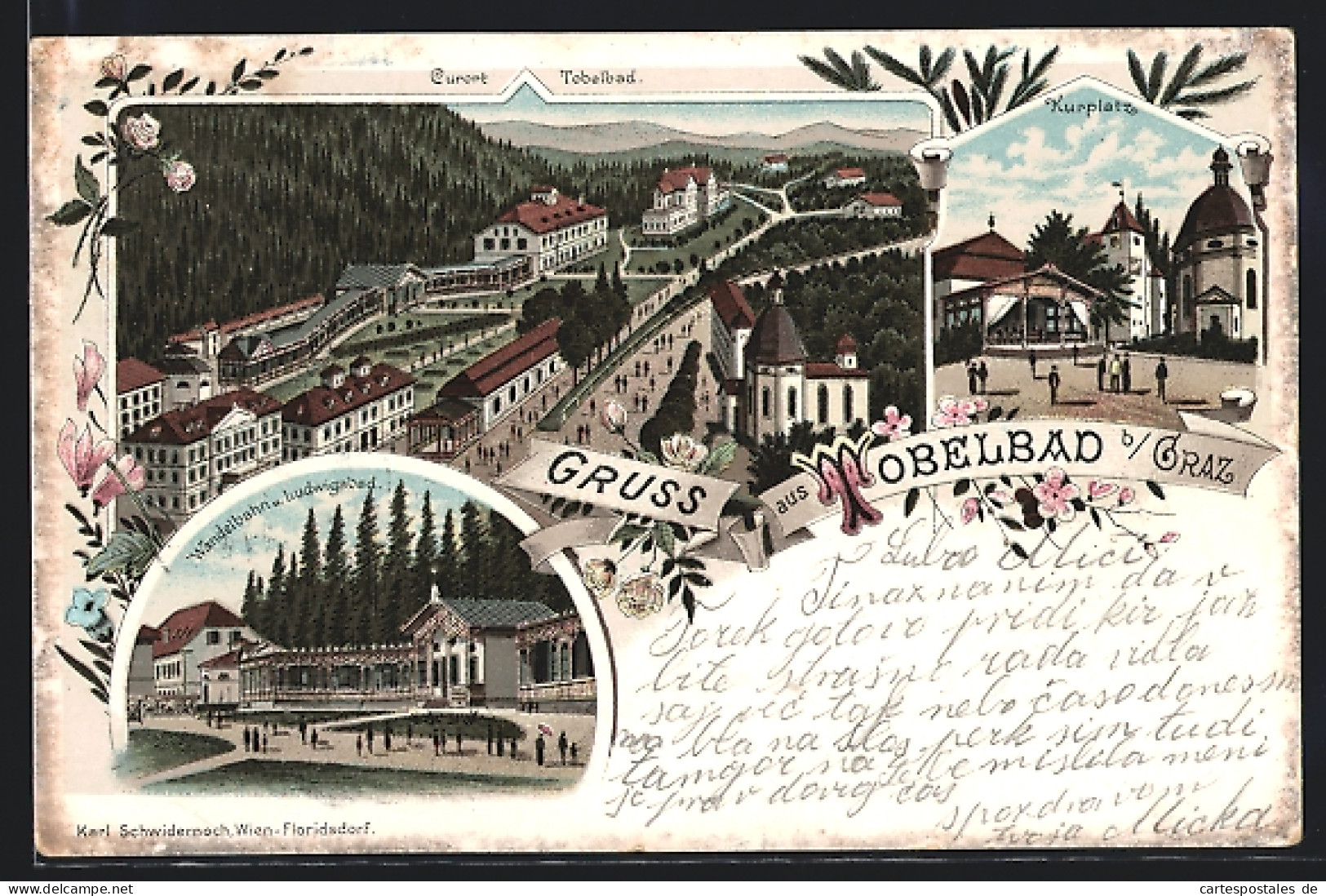 Lithographie Tobelbad B/Graz, Gesamtansicht, Kurplatz & Wandelbahn U. Ludwigsbad  - Other & Unclassified