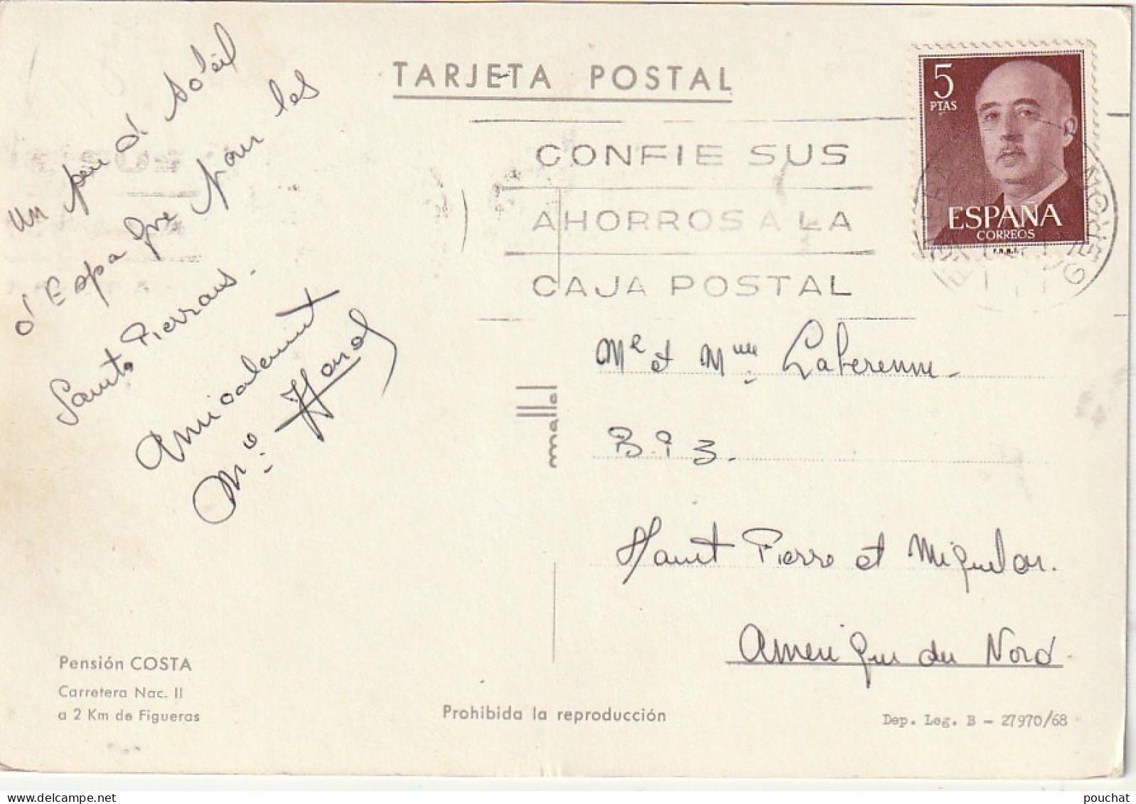 NE 27 - PENSION COSTA - A 2 KM DE FIGUERAS - AUTOMOBILE : SIMCA CHAMBORD - CARTE COULEURS  - 2 SCANS  - Gerona