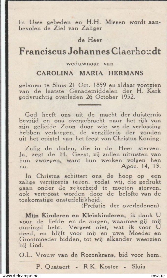 Prentjes Claerhoudt-sluis-oostburg 1936 - 1952-zie Scan - Devotieprenten